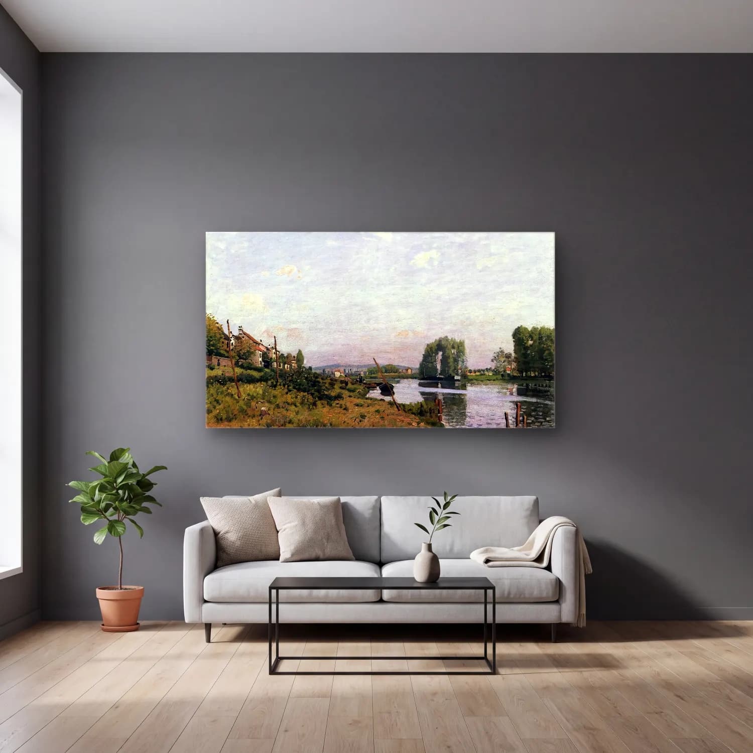 Alfred Sisley – The Island of Saint-Denis cam tablo — gri duvarlı salonda