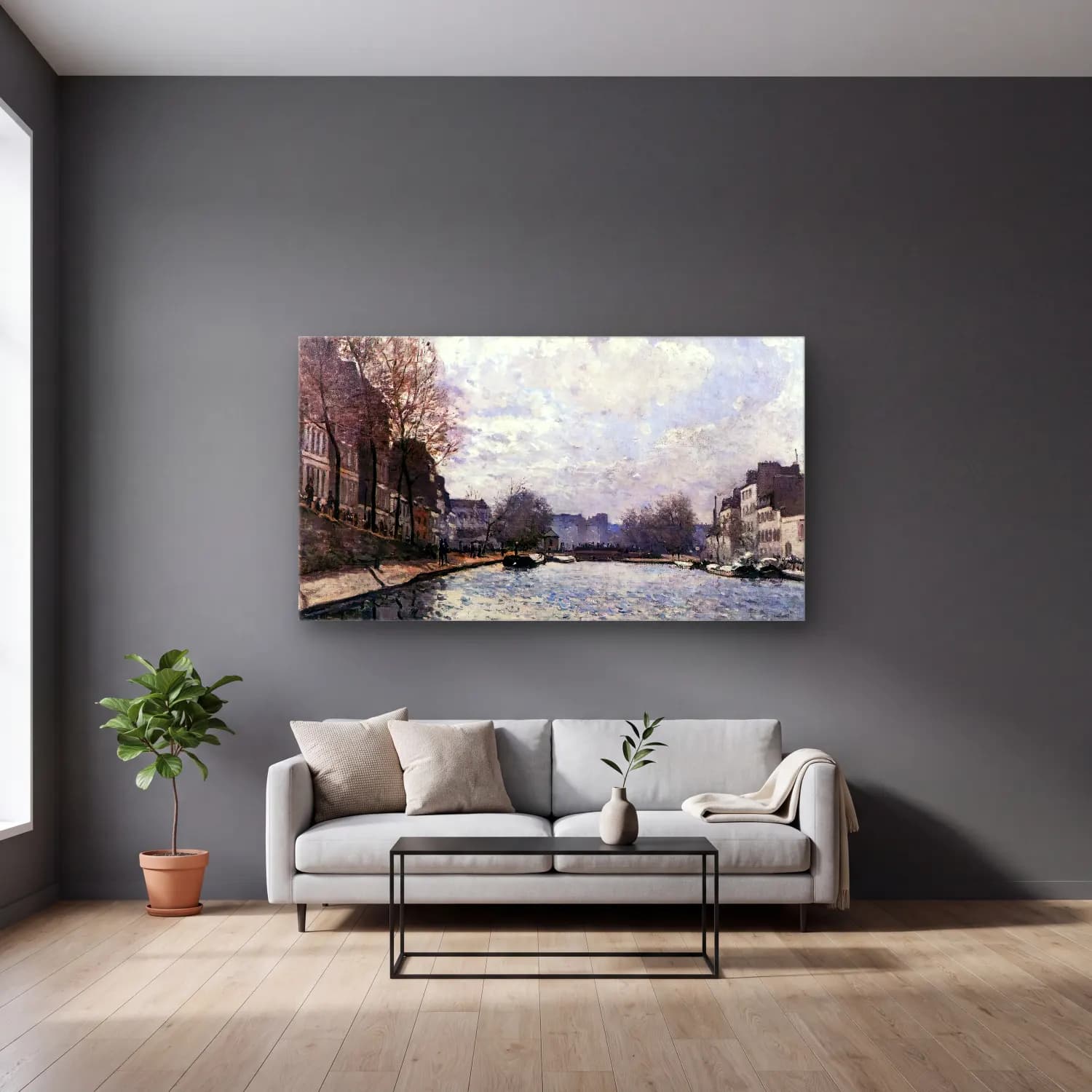 Alfred Sisley – The Saint-Martin Canal in Paris cam tablo — gri duvarlı salonda