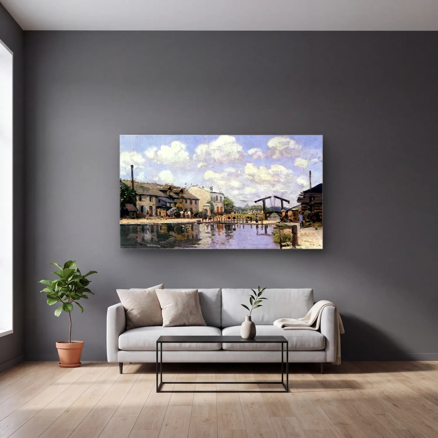 Alfred Sisley – The Saint-Martin Canal cam tablo — gri duvarlı salonda