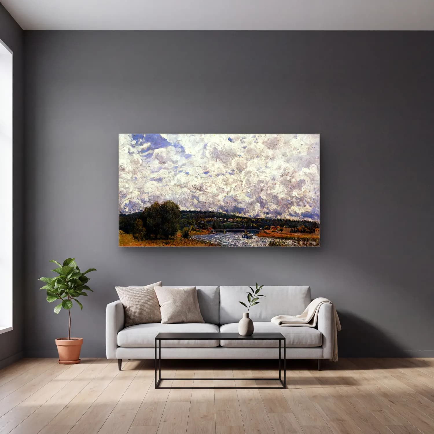Alfred Sisley – The Seine at Suresnes cam tablo — gri duvarlı salonda