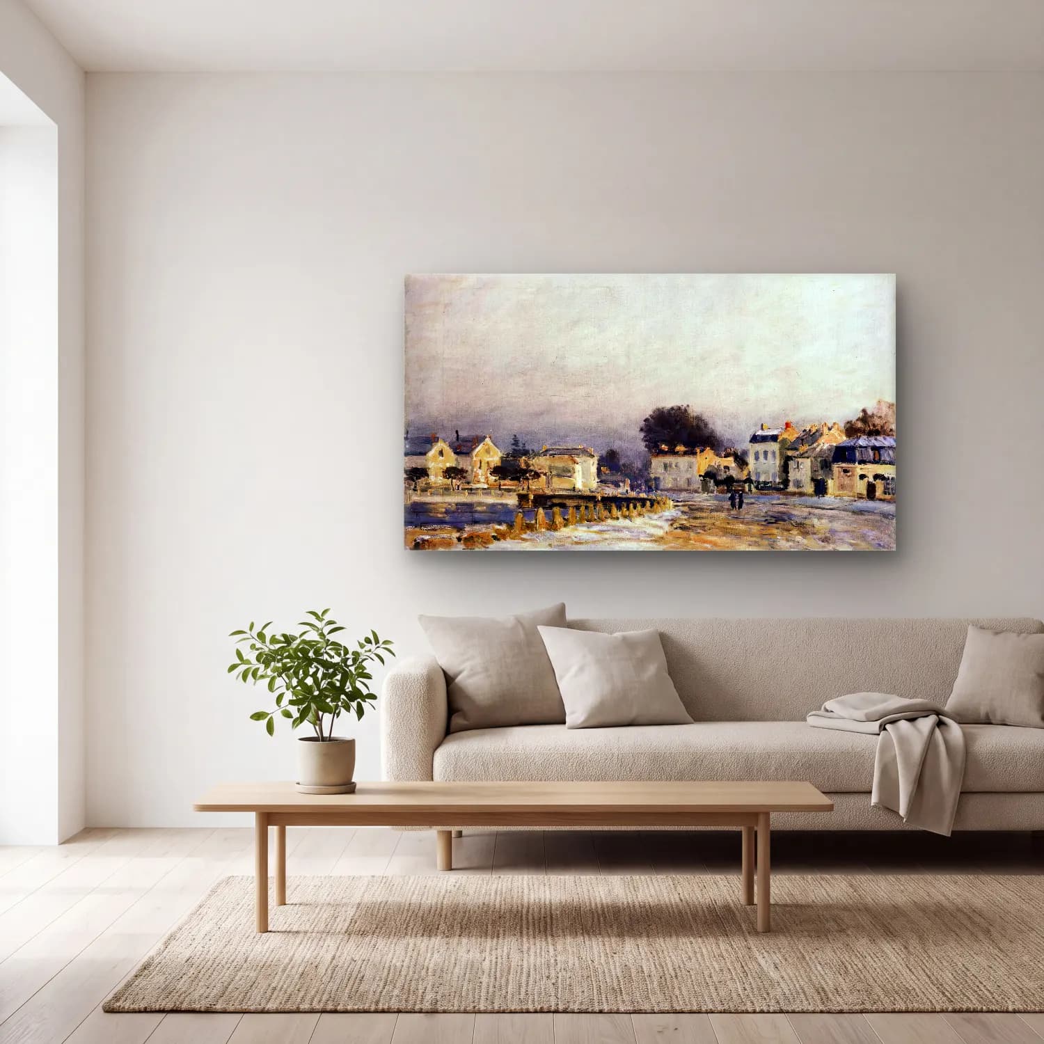 Alfred Sisley – The Watering Place at Mary-le-Roi with Hoarfrost cam tablo — açık renk salonda