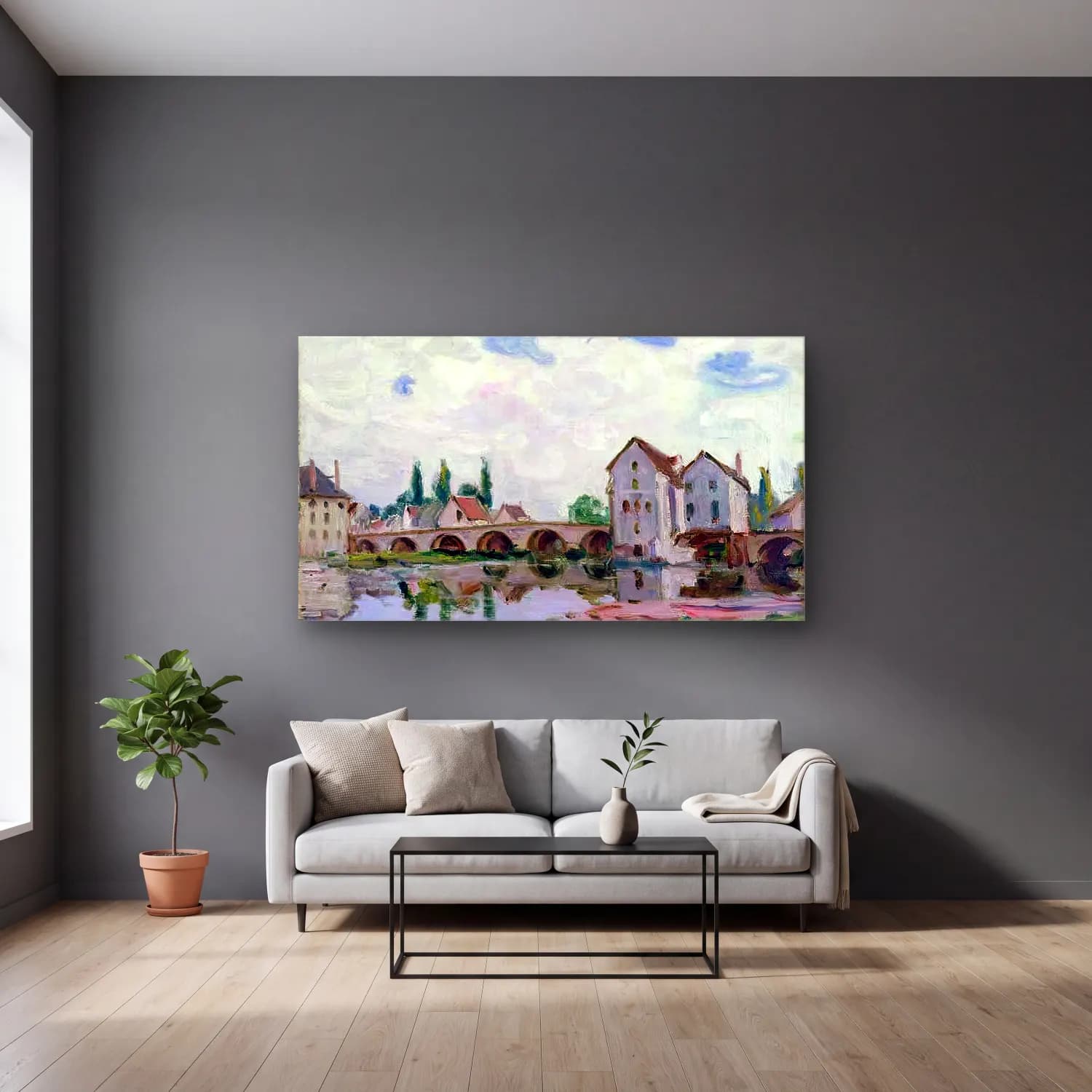 Alfred Sisley – View of Moret-sur-Loing cam tablo — gri duvarlı salonda