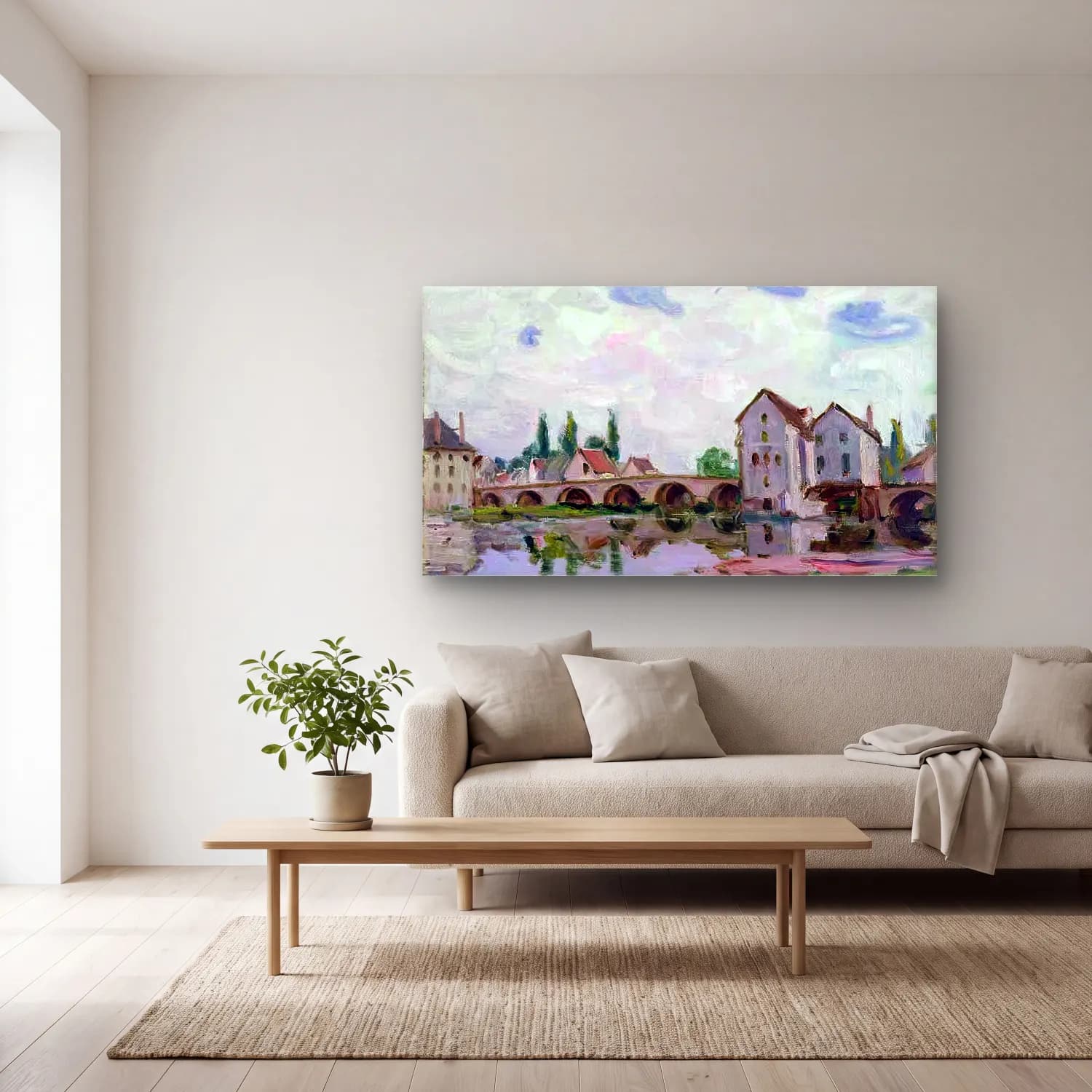 Alfred Sisley – View of Moret-sur-Loing cam tablo — açık renk salonda
