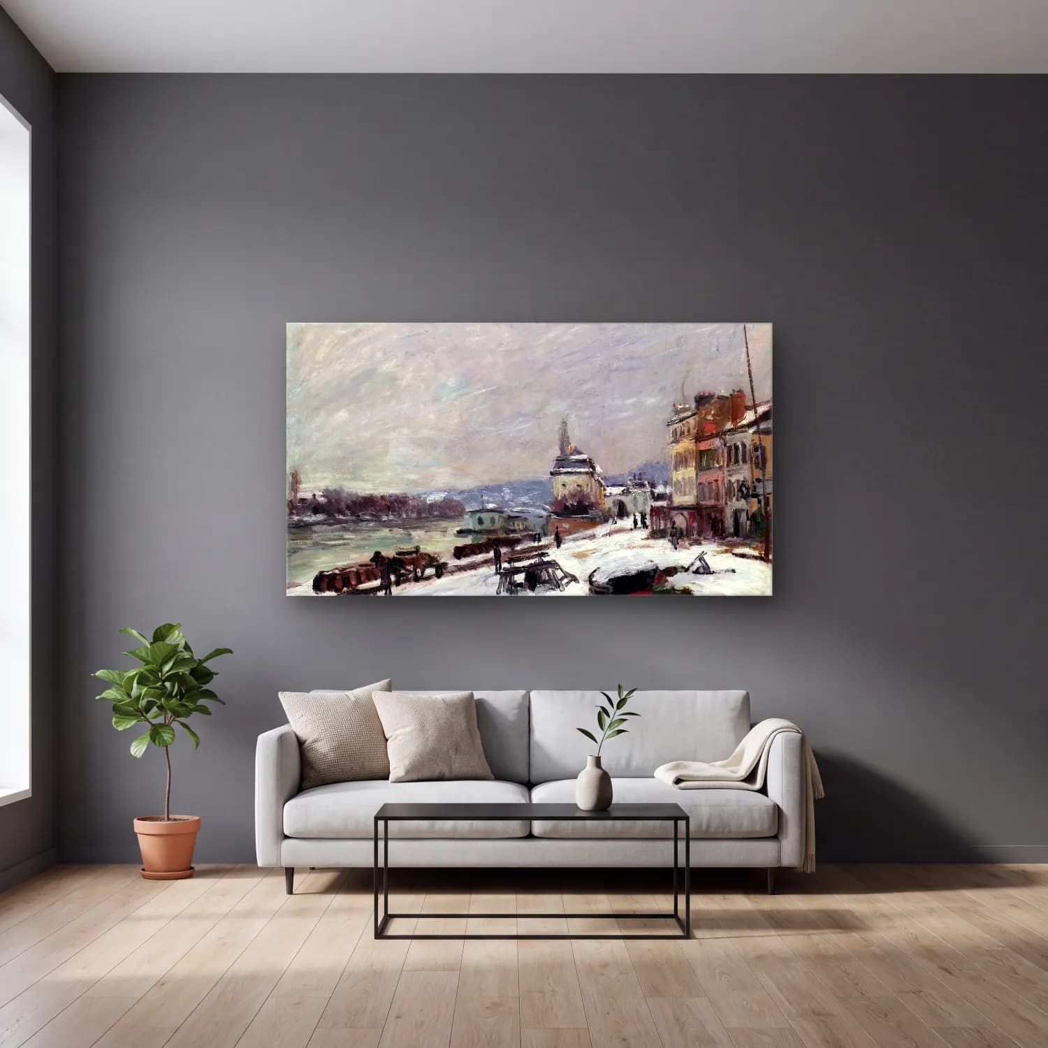Alfred Sisley – Winter at Marly-le-Roi, Snow Effect cam tablo — gri duvarlı salonda