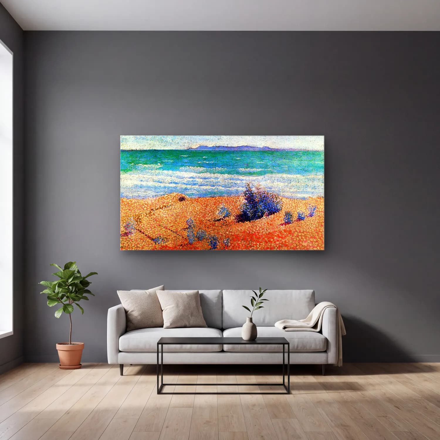 Henri Edmond Cross – Beach on the Mediterranean cam tablo — gri duvarlı salonda