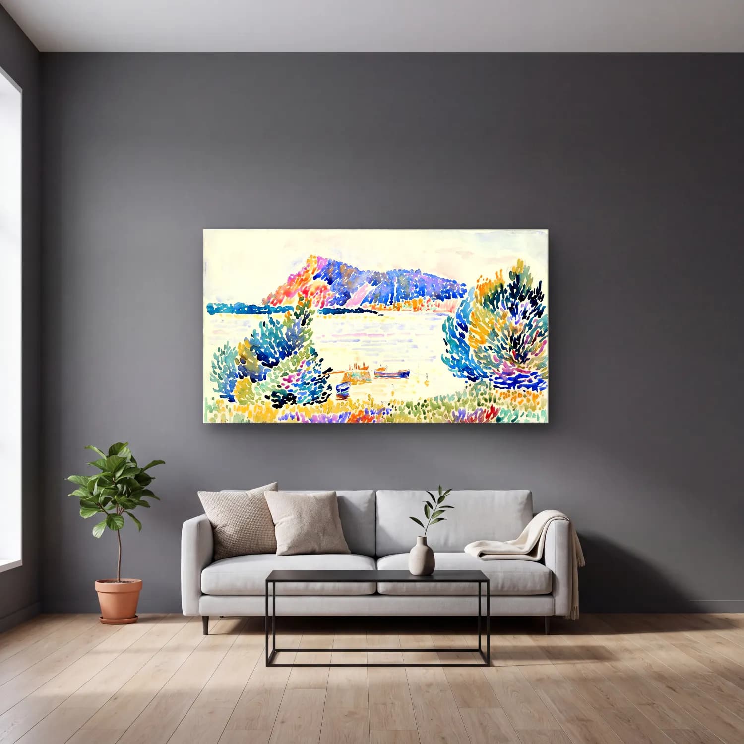 Henri Edmond Cross – Cap Nègre cam tablo — gri duvarlı salonda