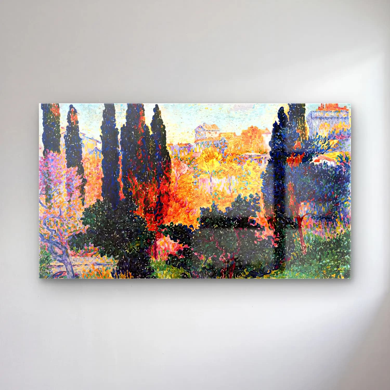 Henri Edmond Cross – Cypresses at Cagnes cam tablo — Henri Edmond Cross – Cypresses at Cagnes — empresyonist renk alanları