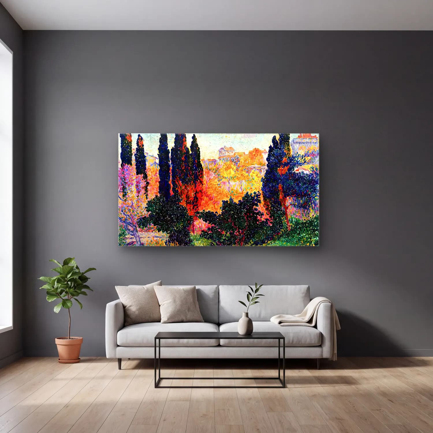 Henri Edmond Cross – Cypresses at Cagnes cam tablo — gri duvarlı salonda