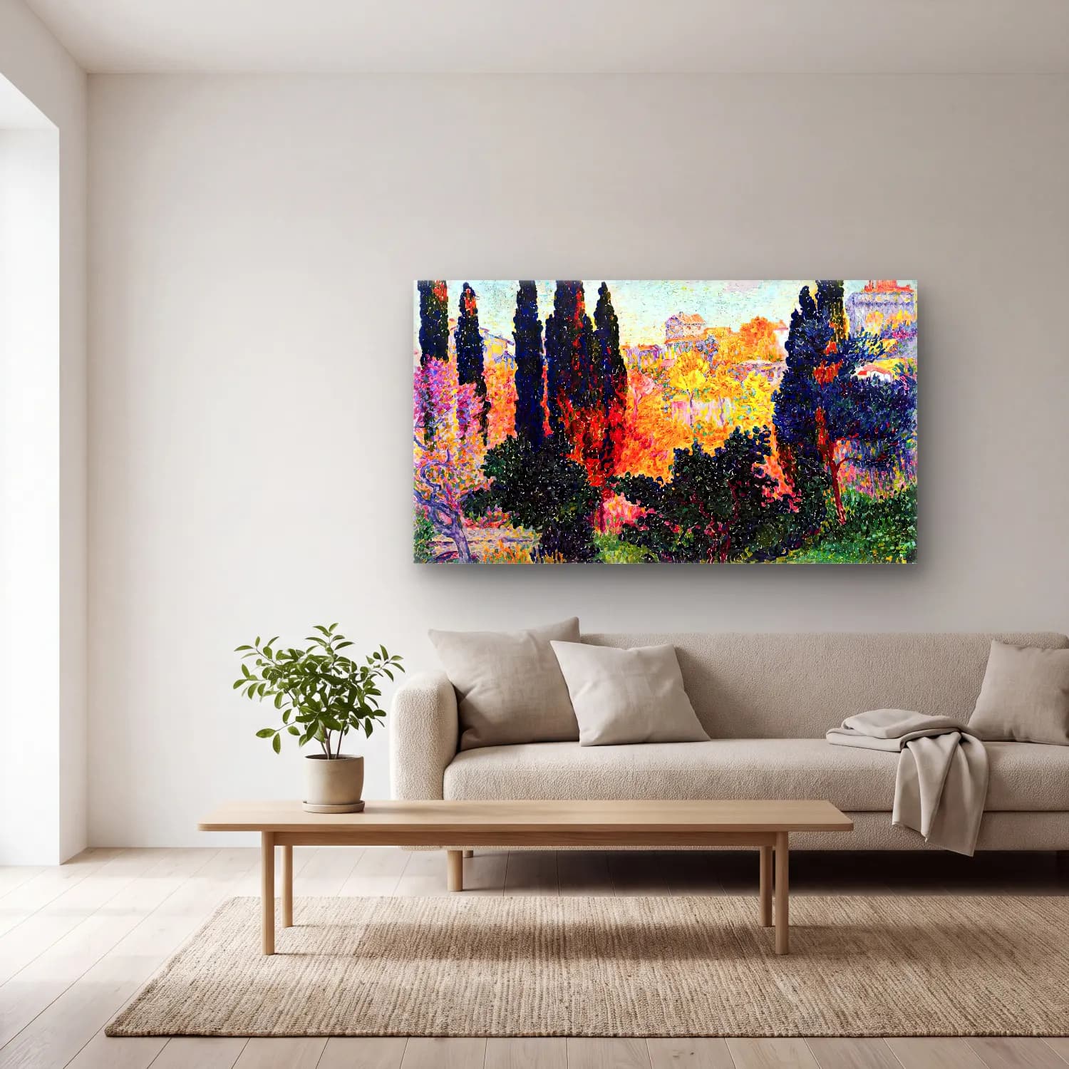 Henri Edmond Cross – Cypresses at Cagnes cam tablo — açık renk salonda