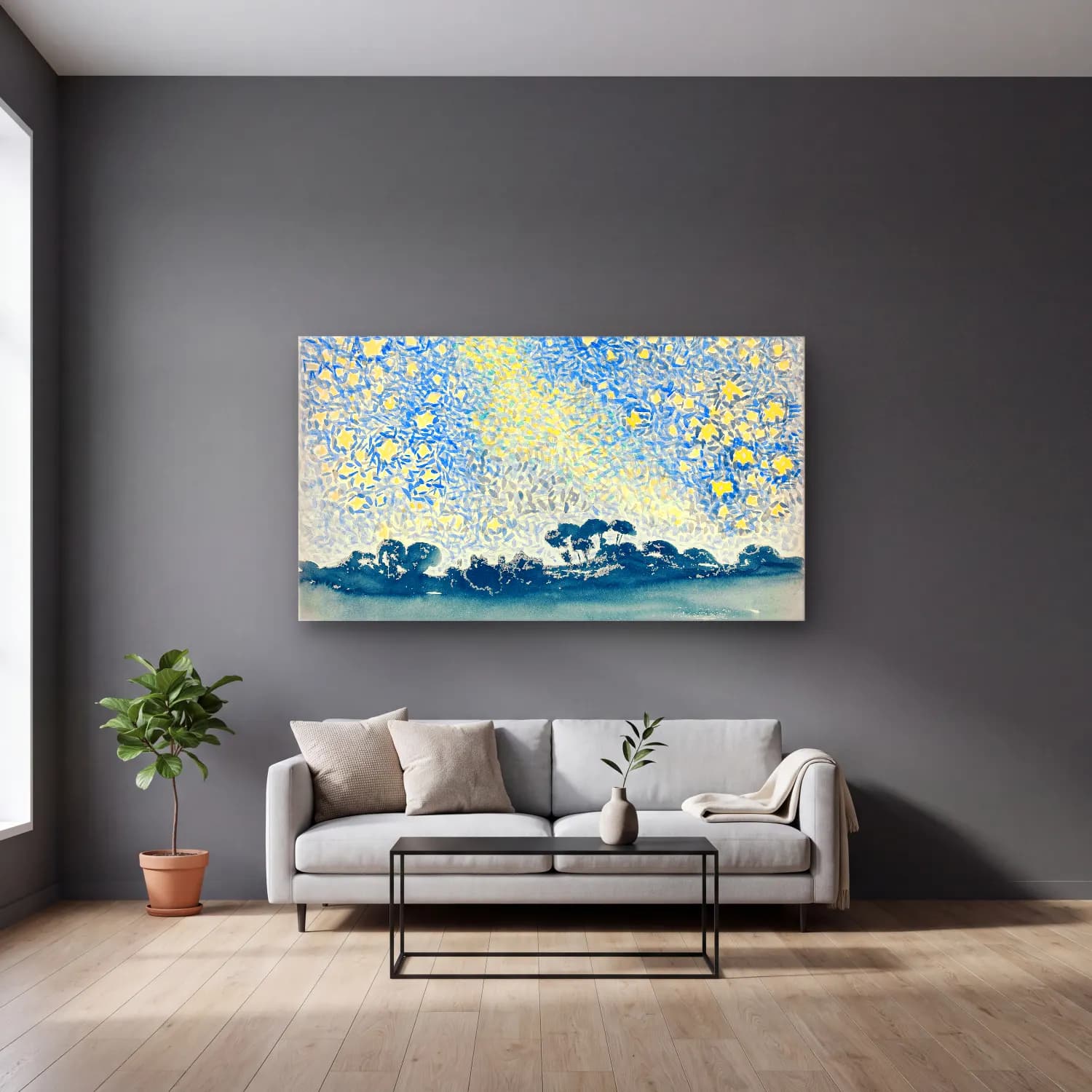 Henri Edmond Cross – Landscape with Stars cam tablo — gri duvarlı salonda