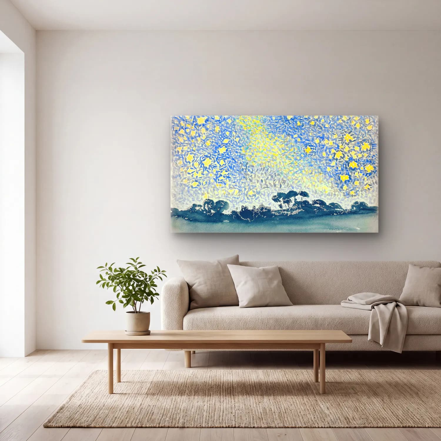 Henri Edmond Cross – Landscape with Stars cam tablo — açık renk salonda