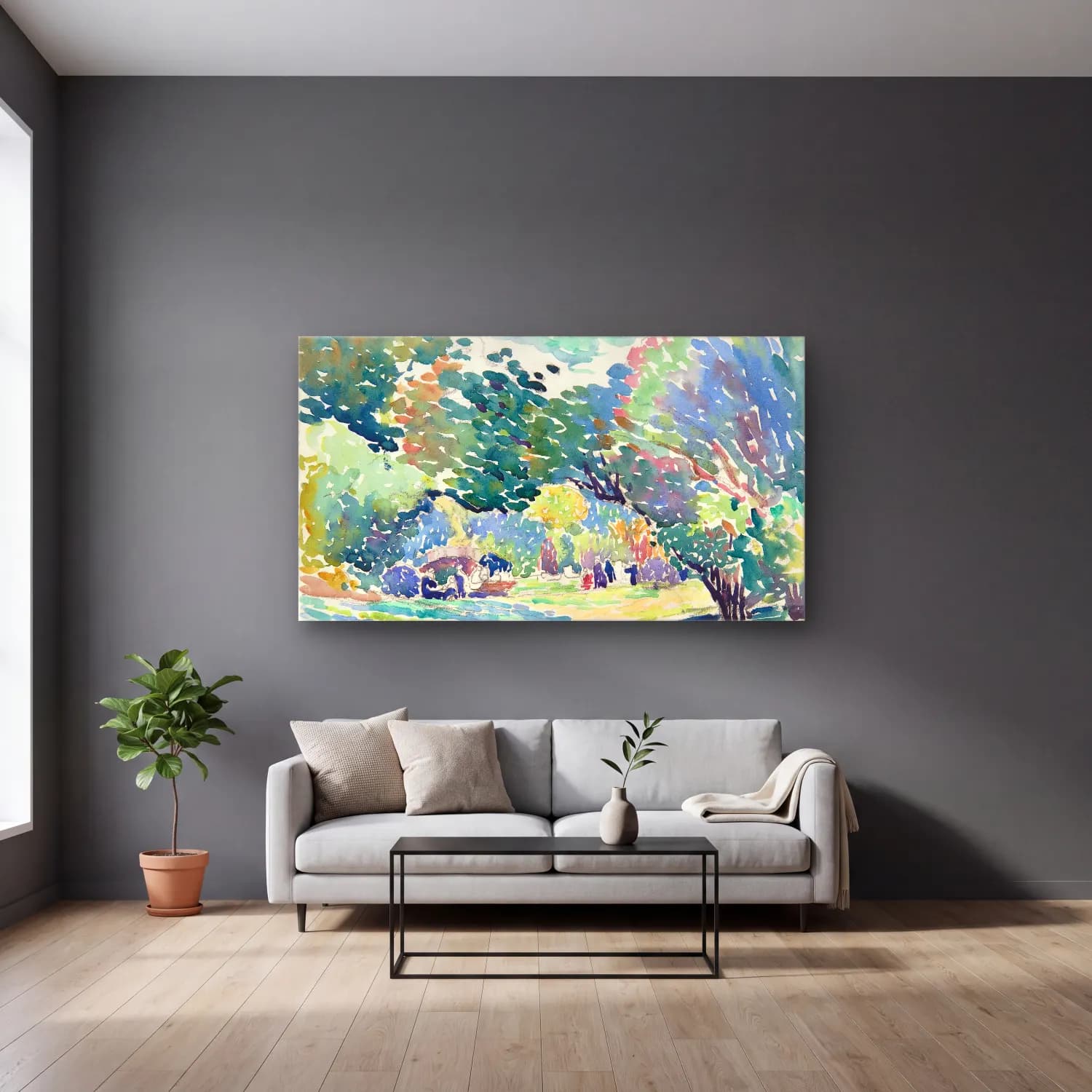 Henri Edmond Cross – Landscape cam tablo — gri duvarlı salonda
