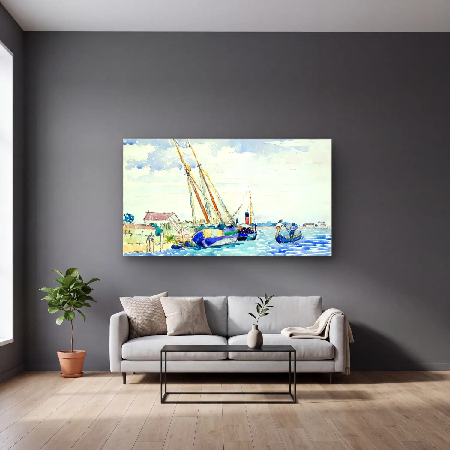 Henri Edmond Cross – Marine Scene cam tablo — gri duvarlı salonda