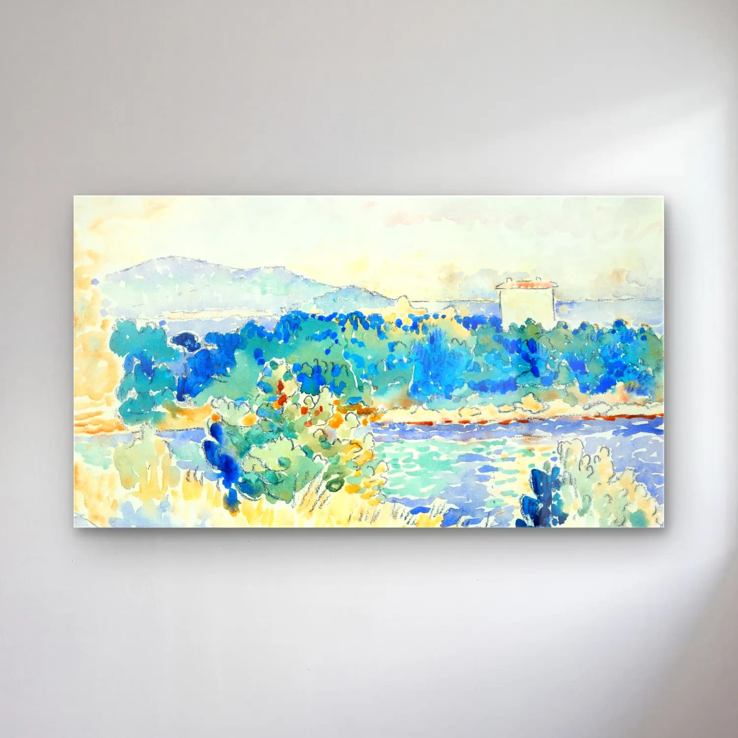 Henri Edmond Cross – Mediterranean-Landscape-with-a-White House--painting-by… cam tablo — Henri Edmond Cross – Mediterranean-Landscape-with-a-White House--painting-by… — suluboya i̇talyan sahili