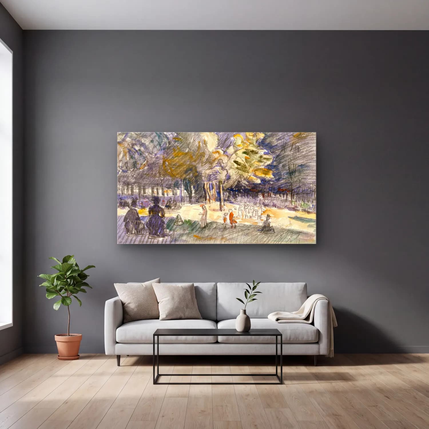 Henri Edmond Cross – Study-for- Le-Ranelagh--painting-by Henri-Edmond-Cross cam tablo — gri duvarlı salonda