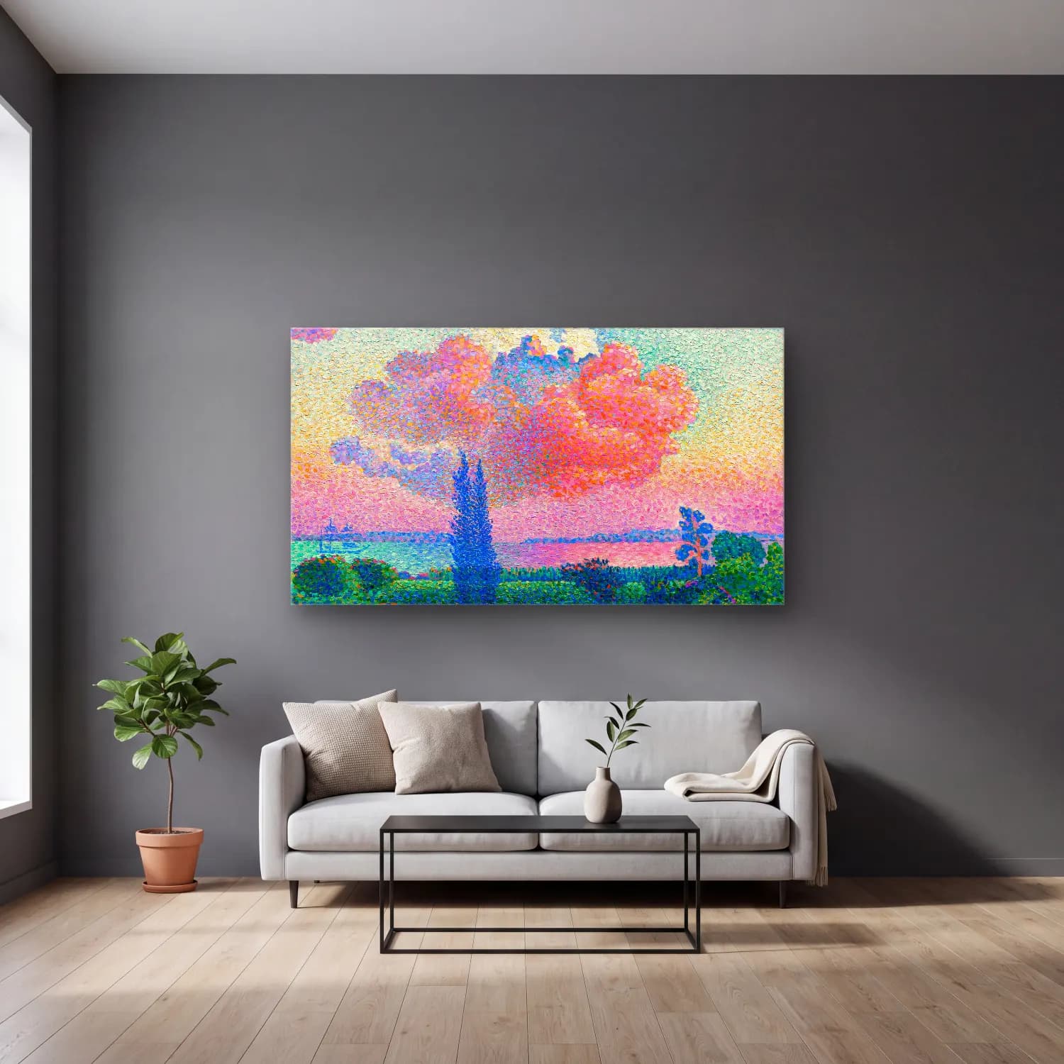 Henri Edmond Cross – The-Pink Cloud--painting -Henri-Edmond-Cross cam tablo — gri duvarlı salonda