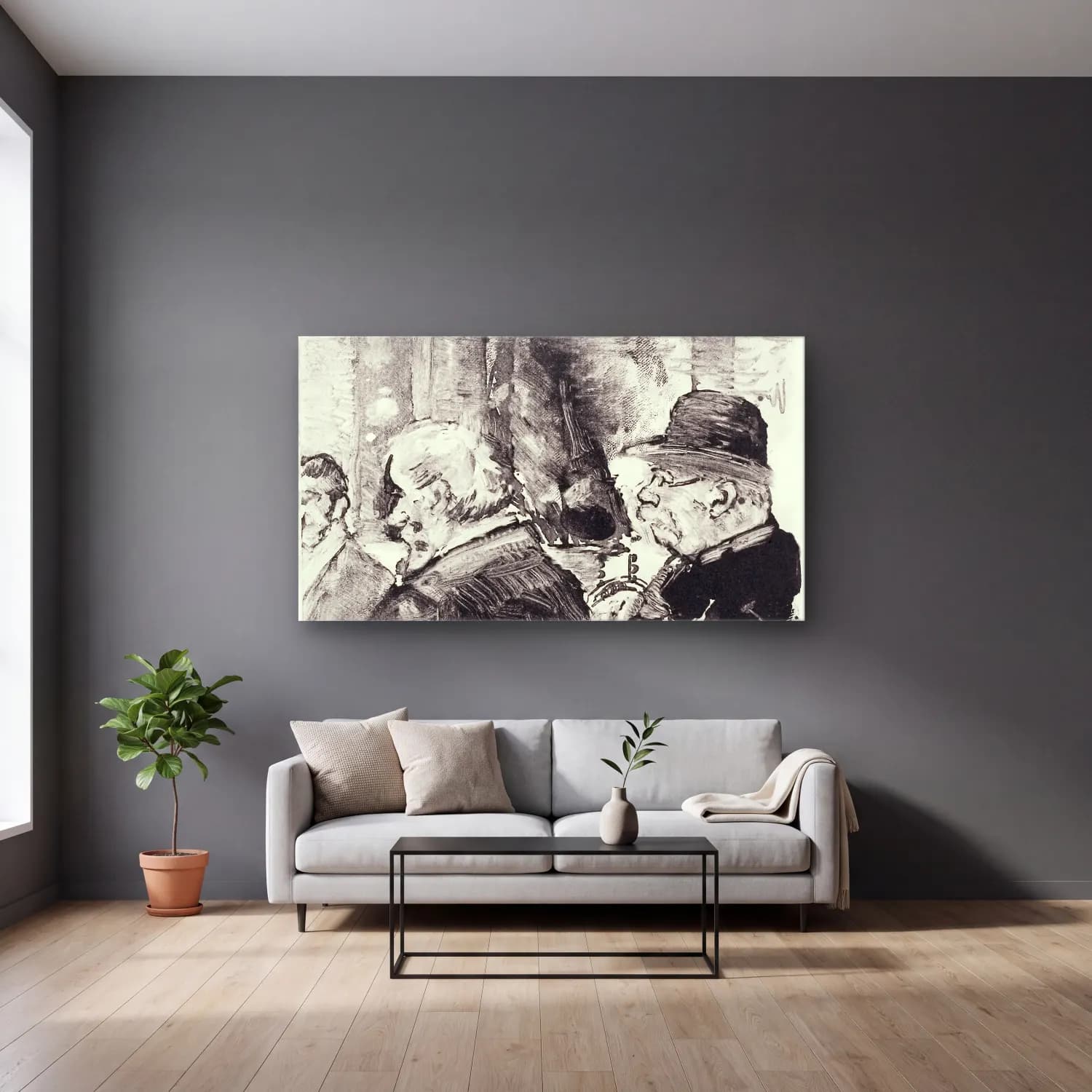 Henri Edmond Cross – Three-Men,-Half-Length--print cam tablo — gri duvarlı salonda