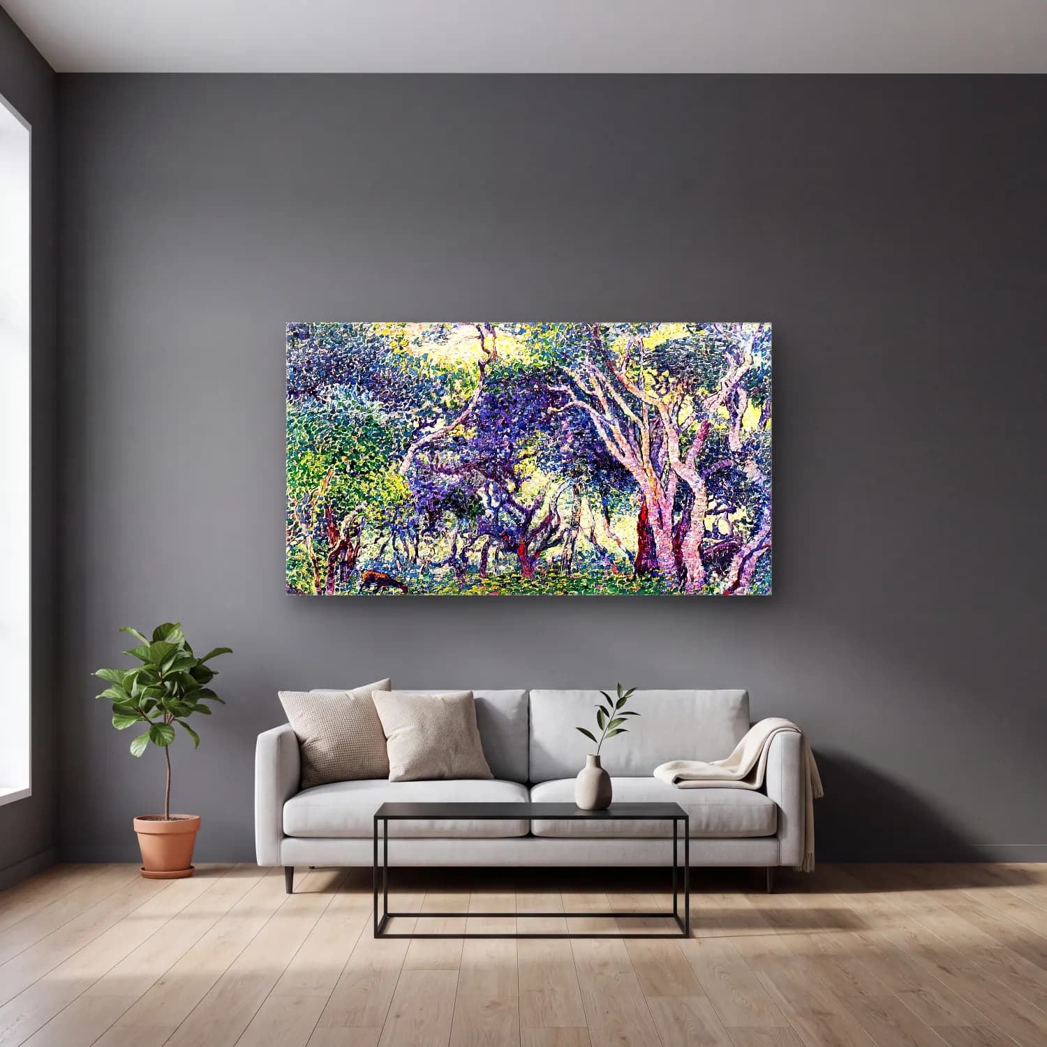 Henri Edmond Cross – Undergrowth cam tablo — gri duvarlı salonda