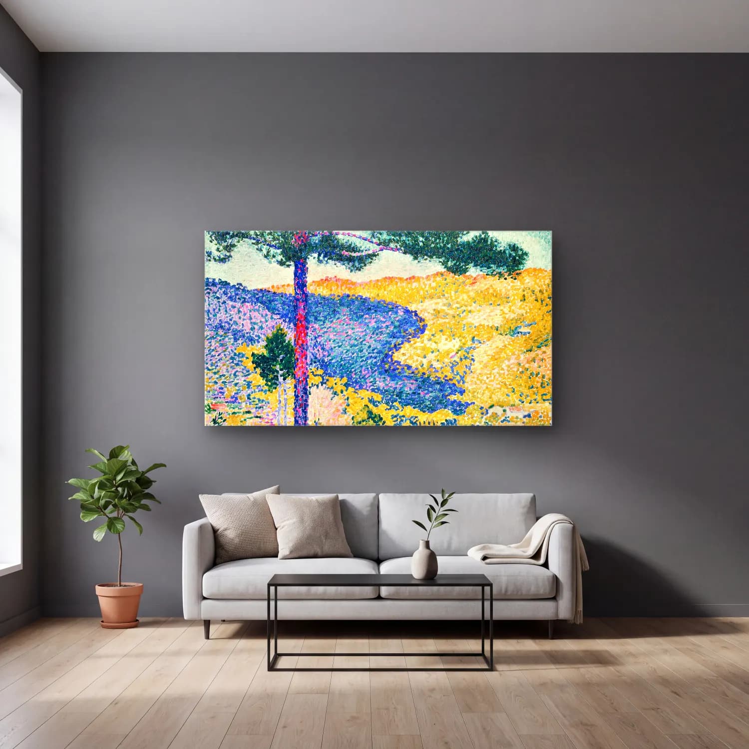 Henri Edmond Cross – Valley-with-Fir-Shade-on-the-Mountain--painting-Henri-Edmond… cam tablo — gri duvarlı salonda