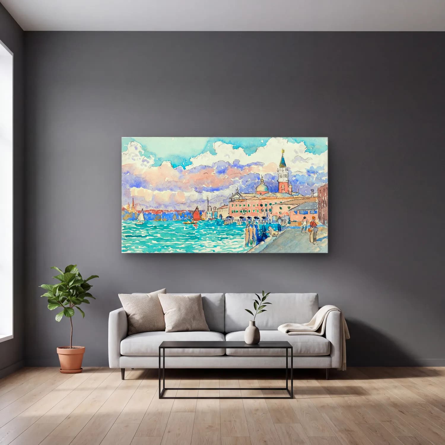 Henri Edmond Cross – Venice--painting-by Henri-Edmond-Cross cam tablo — gri duvarlı salonda