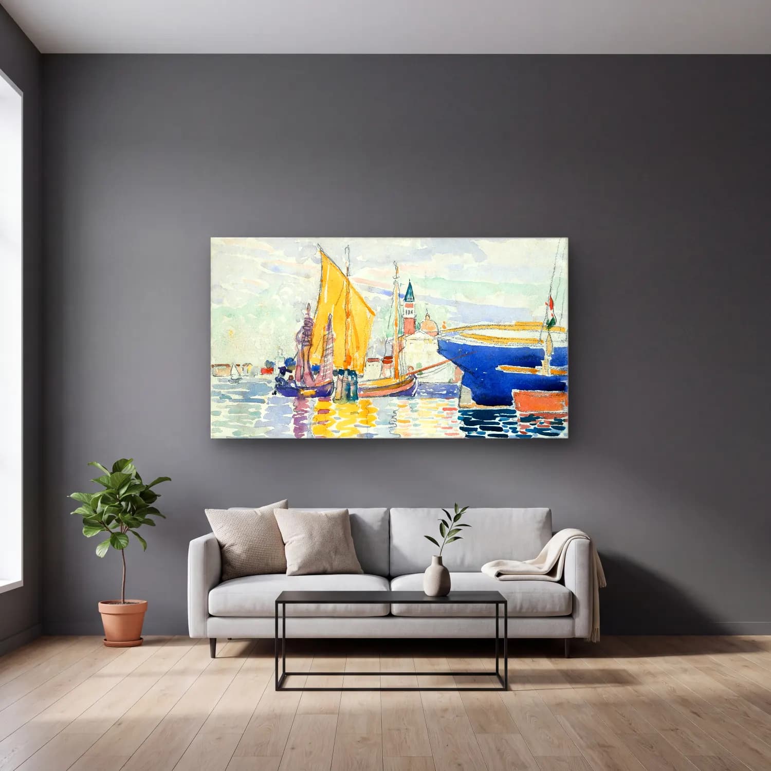 Henri Edmond Cross – Venice-The Giudecca cam tablo — gri duvarlı salonda