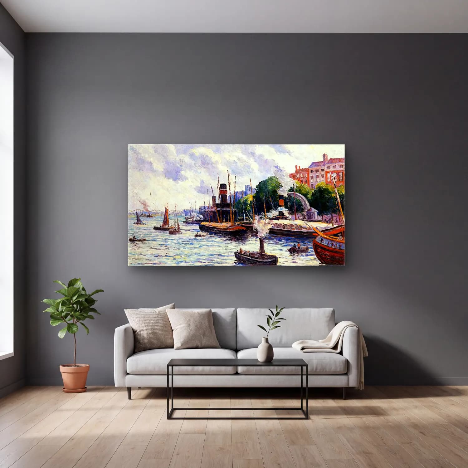 Maximilien Luce – The Port of Rotterdam cam tablo — gri duvarlı salonda
