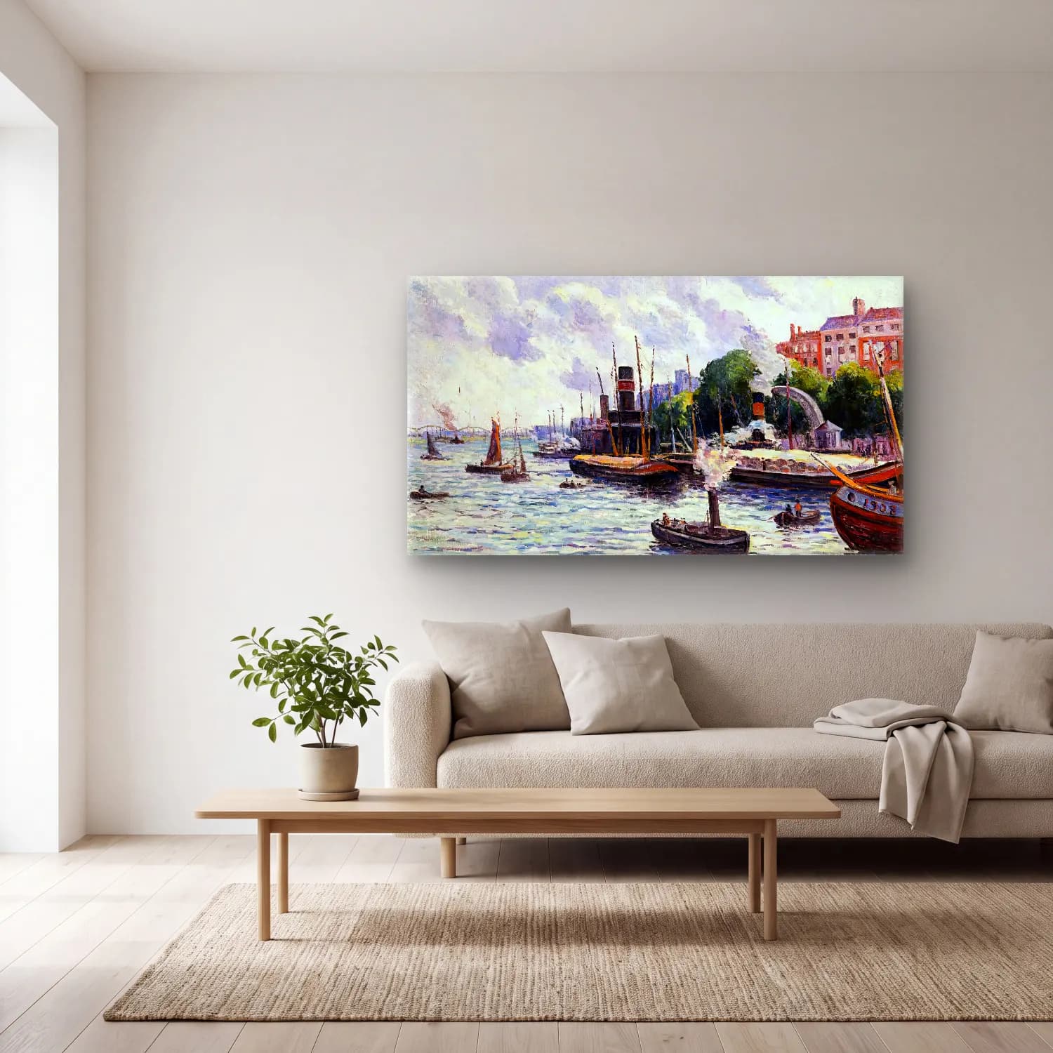 Maximilien Luce – The Port of Rotterdam cam tablo — açık renk salonda