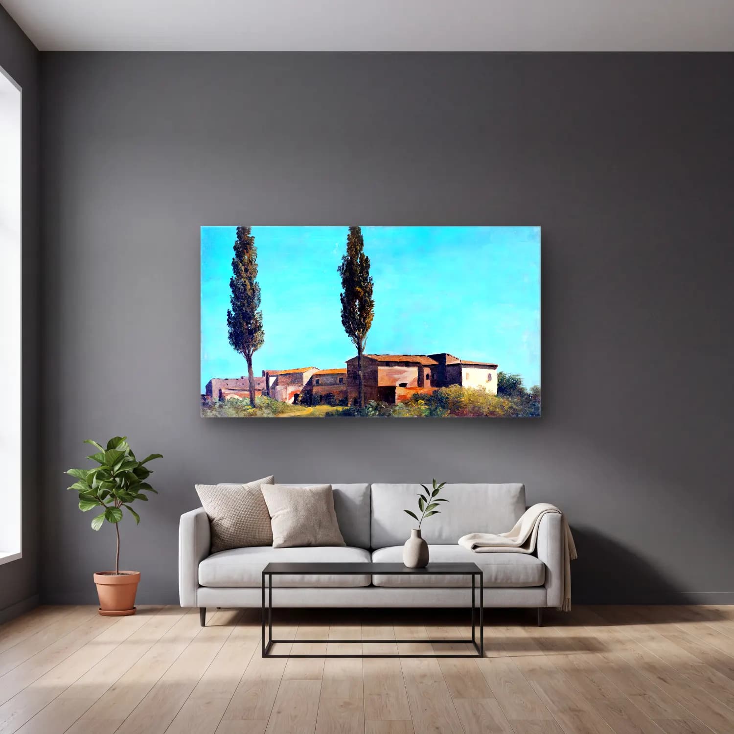 Pierre-Henri de Valenciennes – Farm-buildings at the Villa Farnese the Two Poplar Trees cam tablo — gri duvarlı salonda