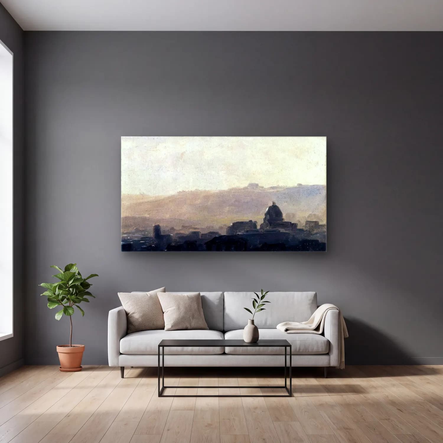 Pierre-Henri de Valenciennes – View of Rome in the Morning cam tablo — gri duvarlı salonda