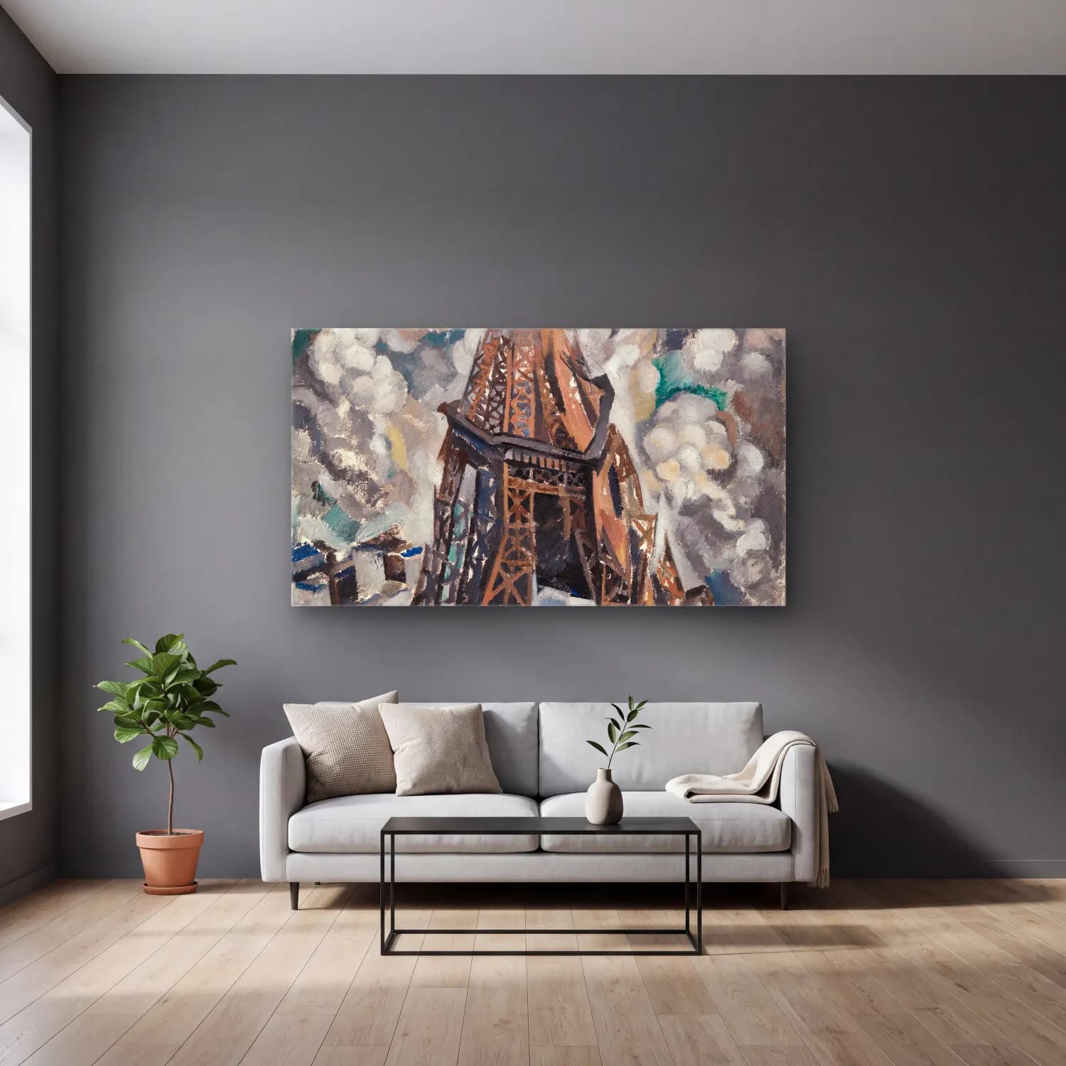 Robert Delaunay – Der Eiffel-Turm cam tablo — gri duvarlı salonda