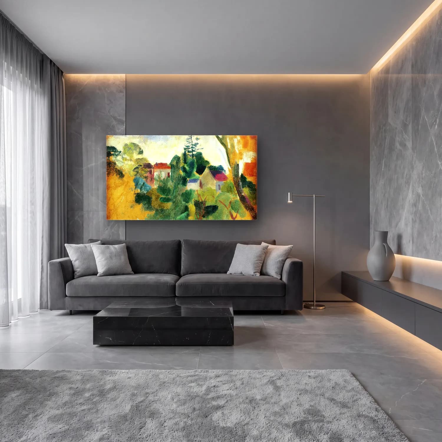 Robert Delaunay – Paysage Inachevé – Yeşil Tonlar cam tablo — lüks salon duvarında