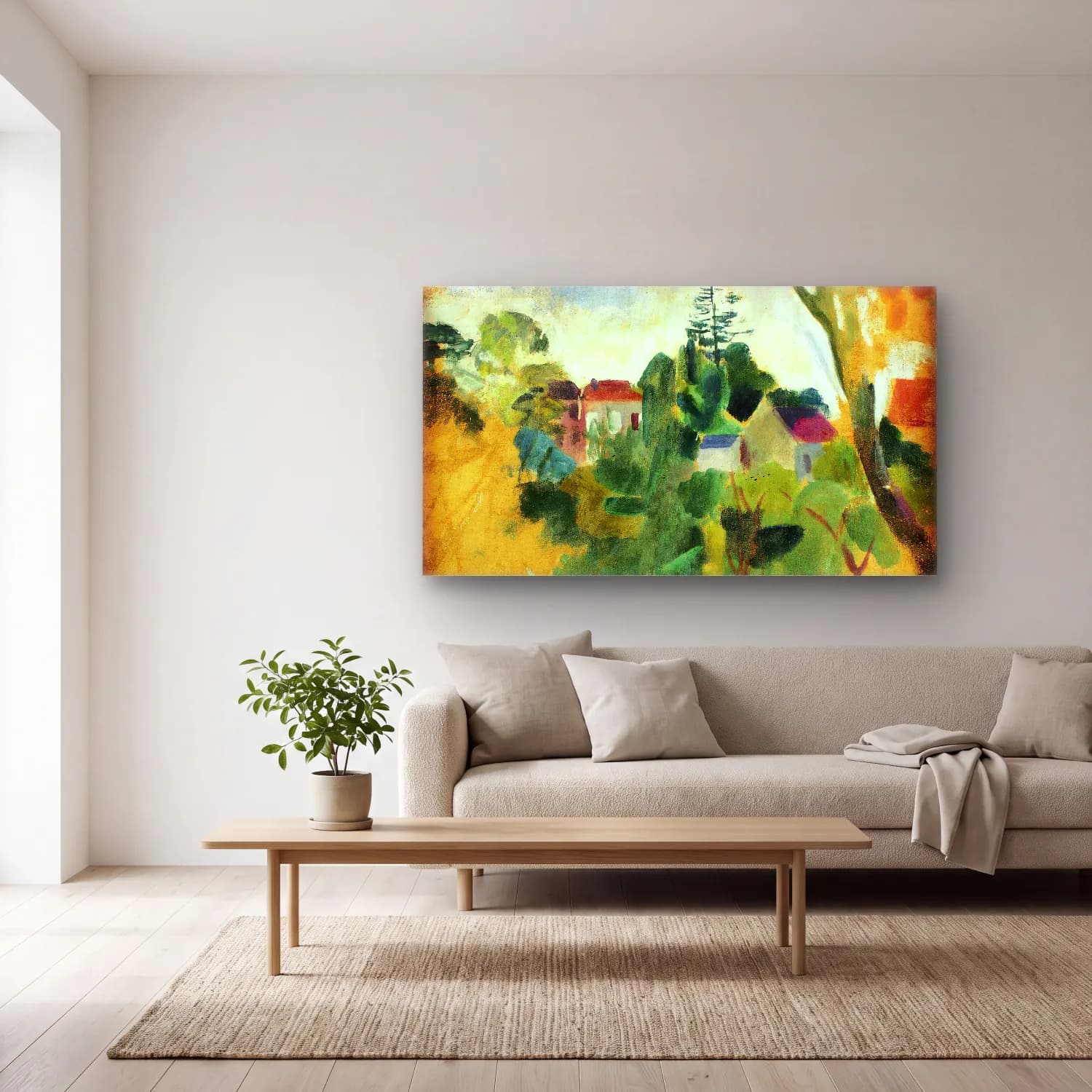 Robert Delaunay – Paysage Inachevé – Yeşil Tonlar cam tablo — açık renk salonda