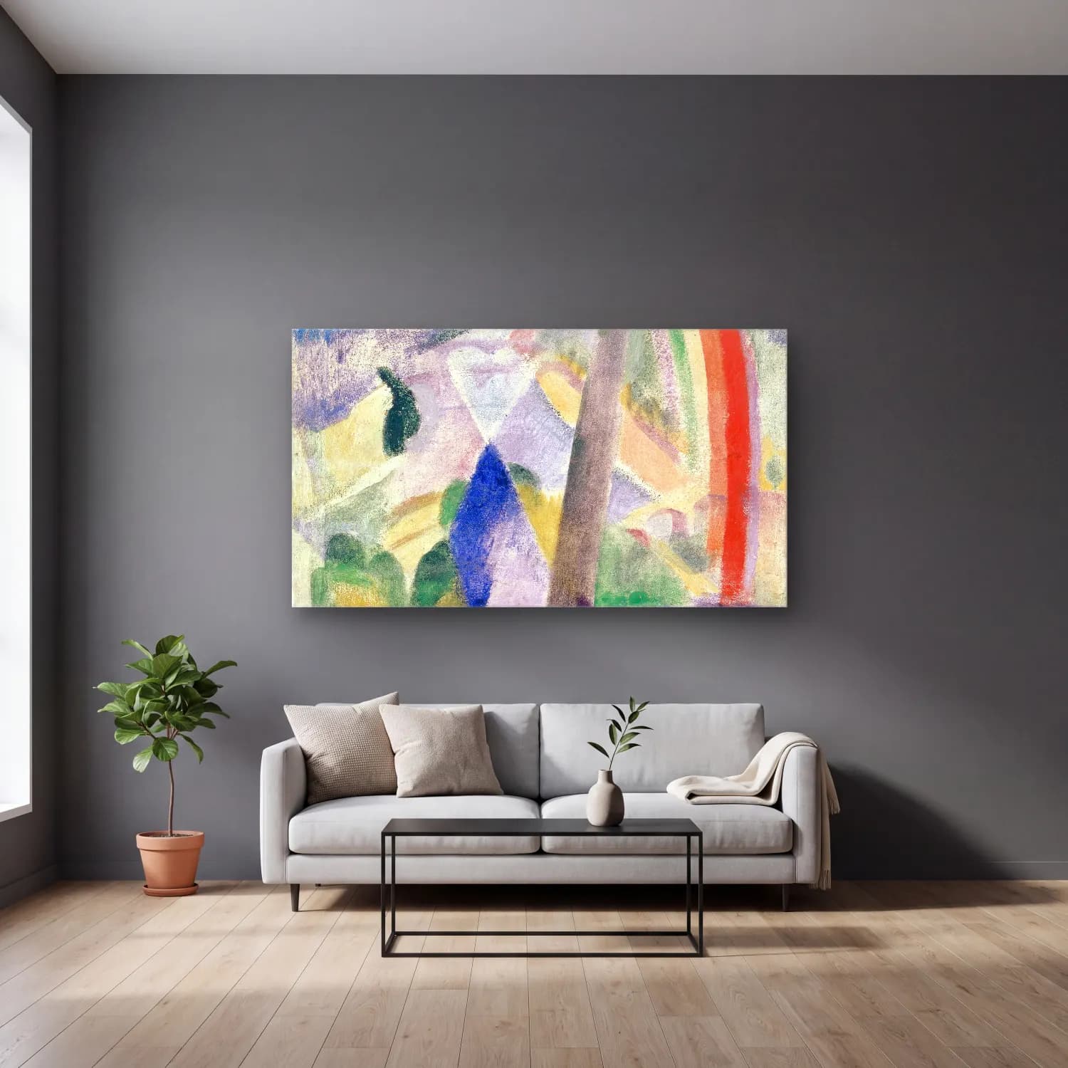 Robert Delaunay – The Spire of Notre-Dame (View of Paris, Notre-Dame) – Pastel Tonlar cam tablo — gri duvarlı salonda