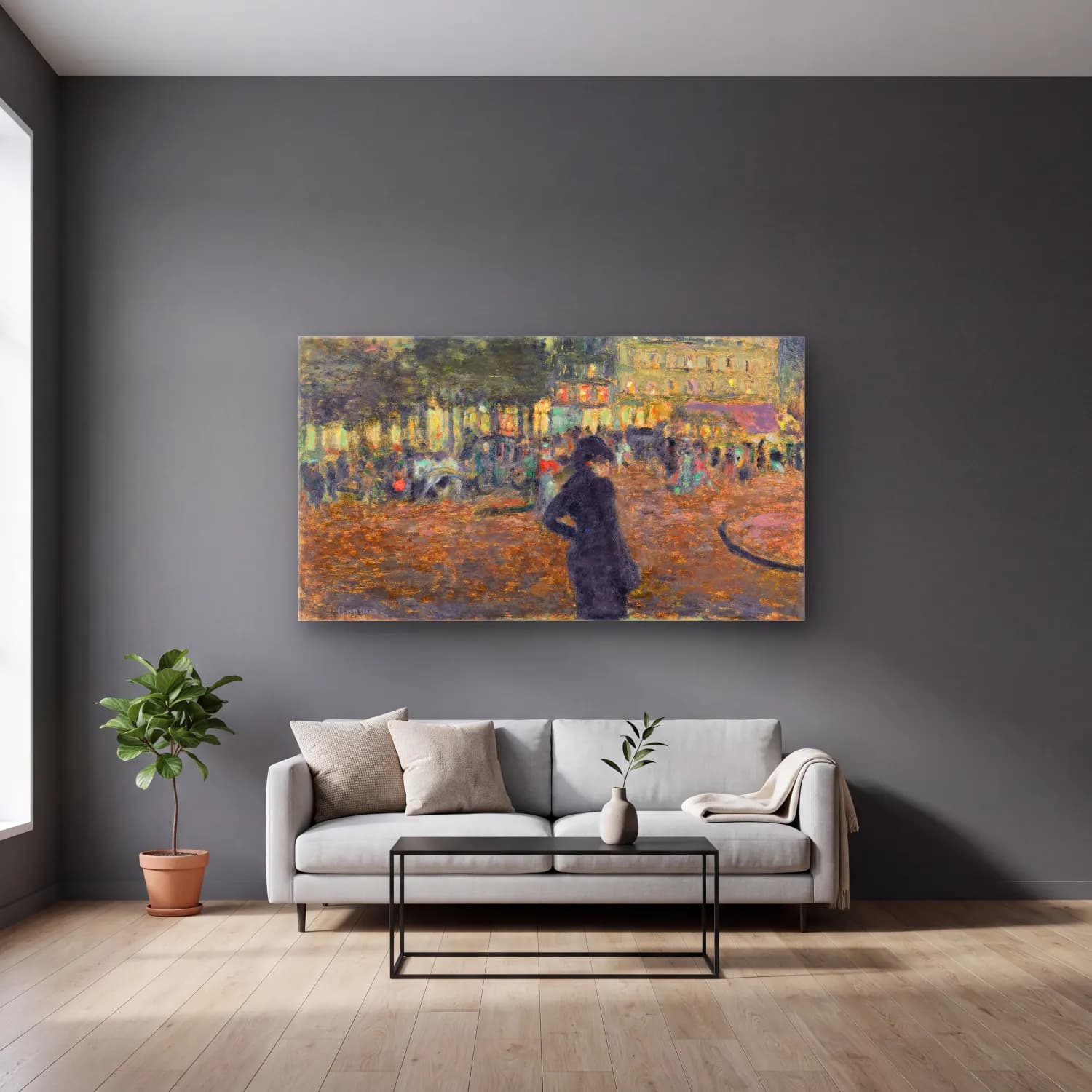 Pierre Bonnard – Place Pigalle at Night cam tablo — gri duvarlı salonda