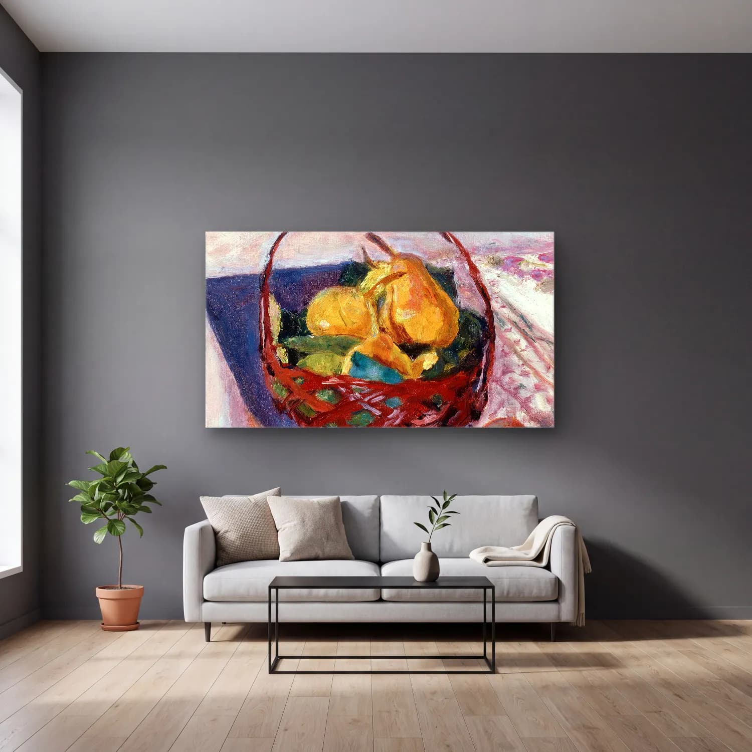 Pierre Bonnard – The Basket of Fruit cam tablo — gri duvarlı salonda