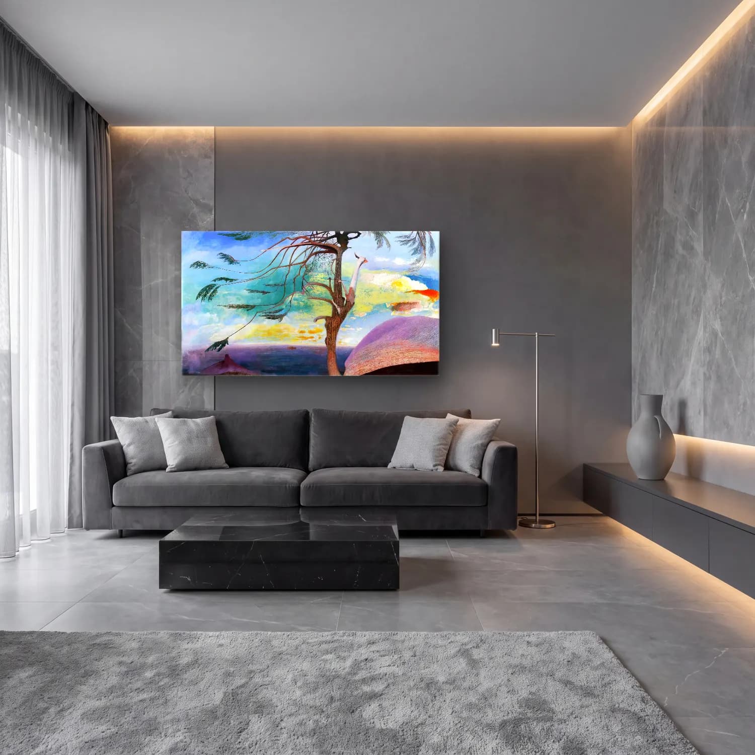 Modern Soyut Balıkçıl cam tablo — lüks salon duvarında