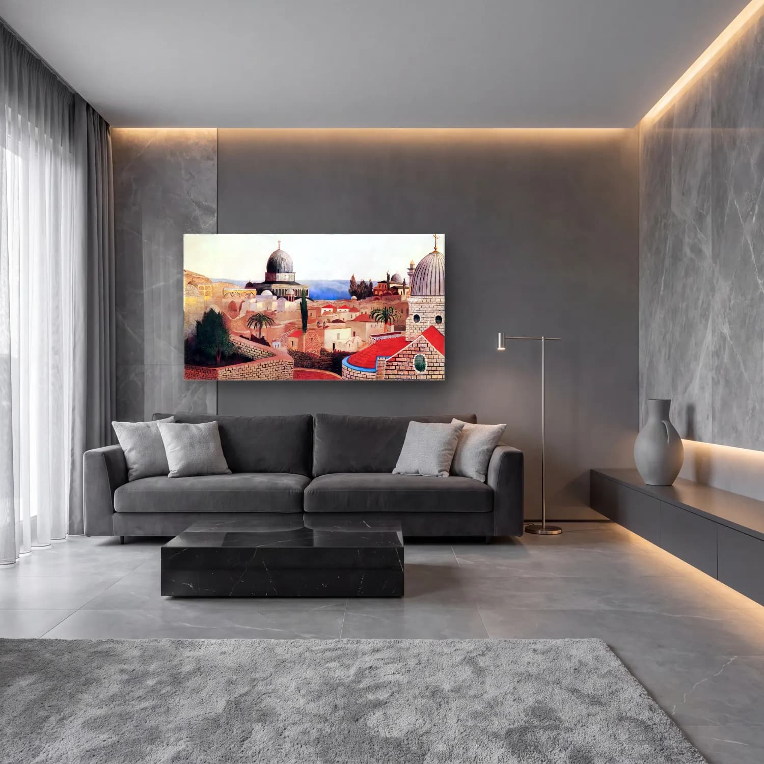 Yağlı Boya Katedral – Kırmızı Tonlar cam tablo — lüks salon duvarında