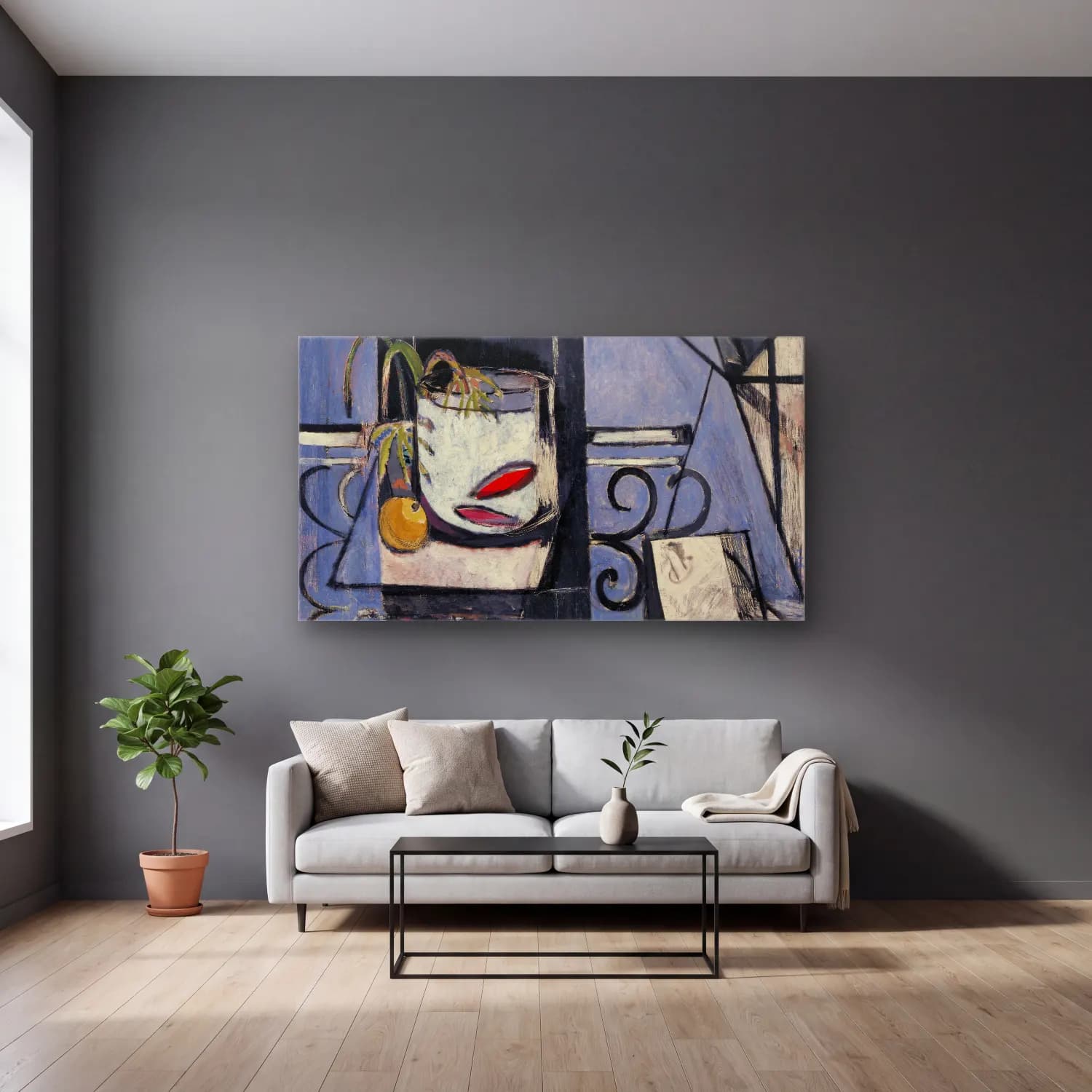 Henri Matisse – Goldfish and Palette cam tablo — gri duvarlı salonda