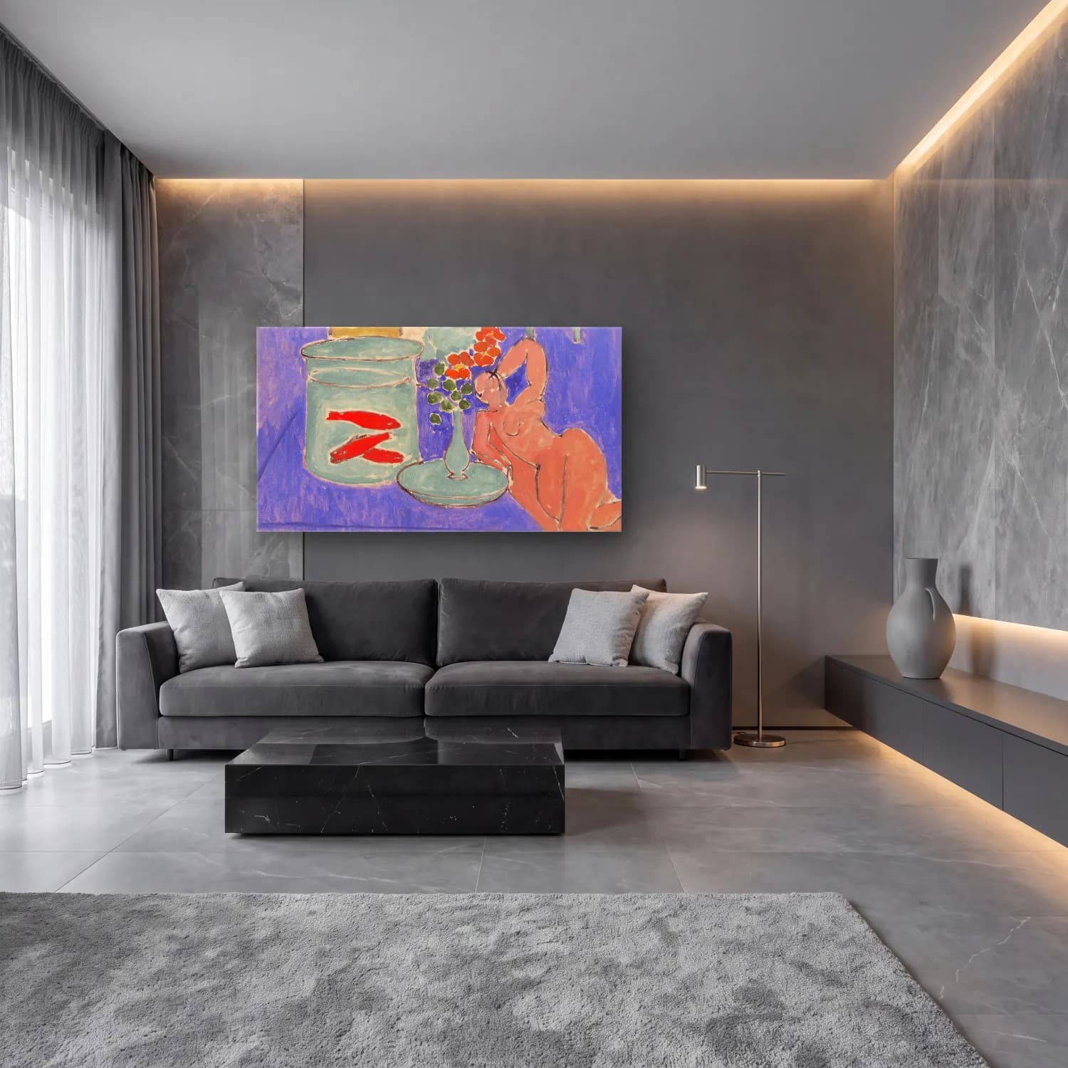 Henri Matisse – Goldfish and Sculpture cam tablo — lüks salon duvarında