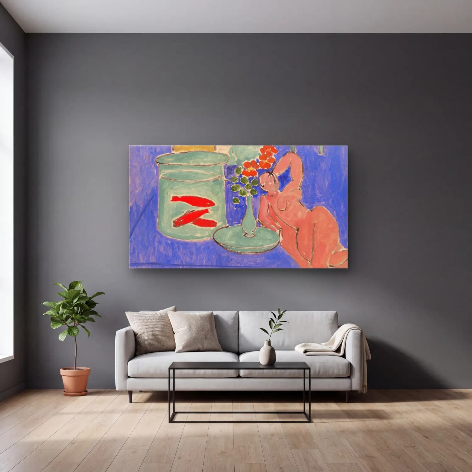 Henri Matisse – Goldfish and Sculpture cam tablo — gri duvarlı salonda