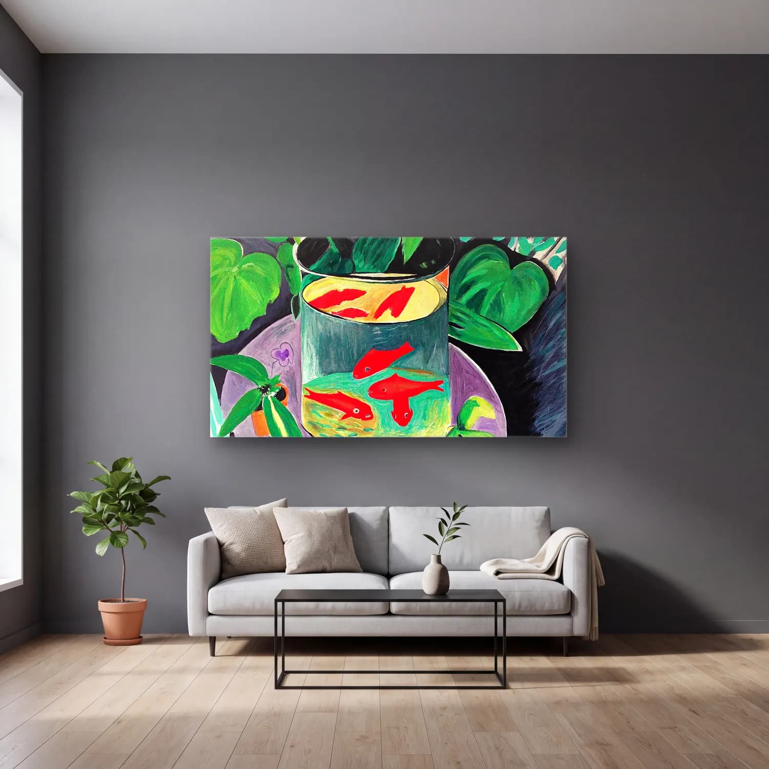 Henri Matisse – Goldfish-Henri Matisse cam tablo — gri duvarlı salonda