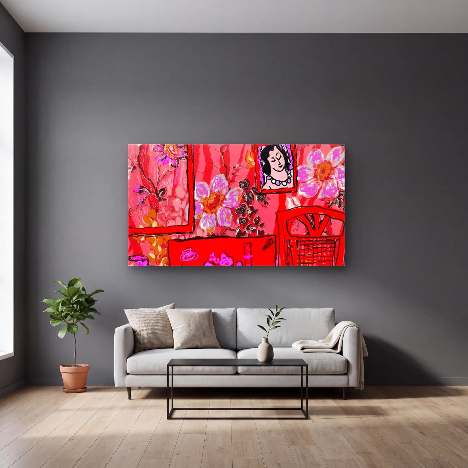 Henri Matisse – Red room CR cam tablo — gri duvarlı salonda