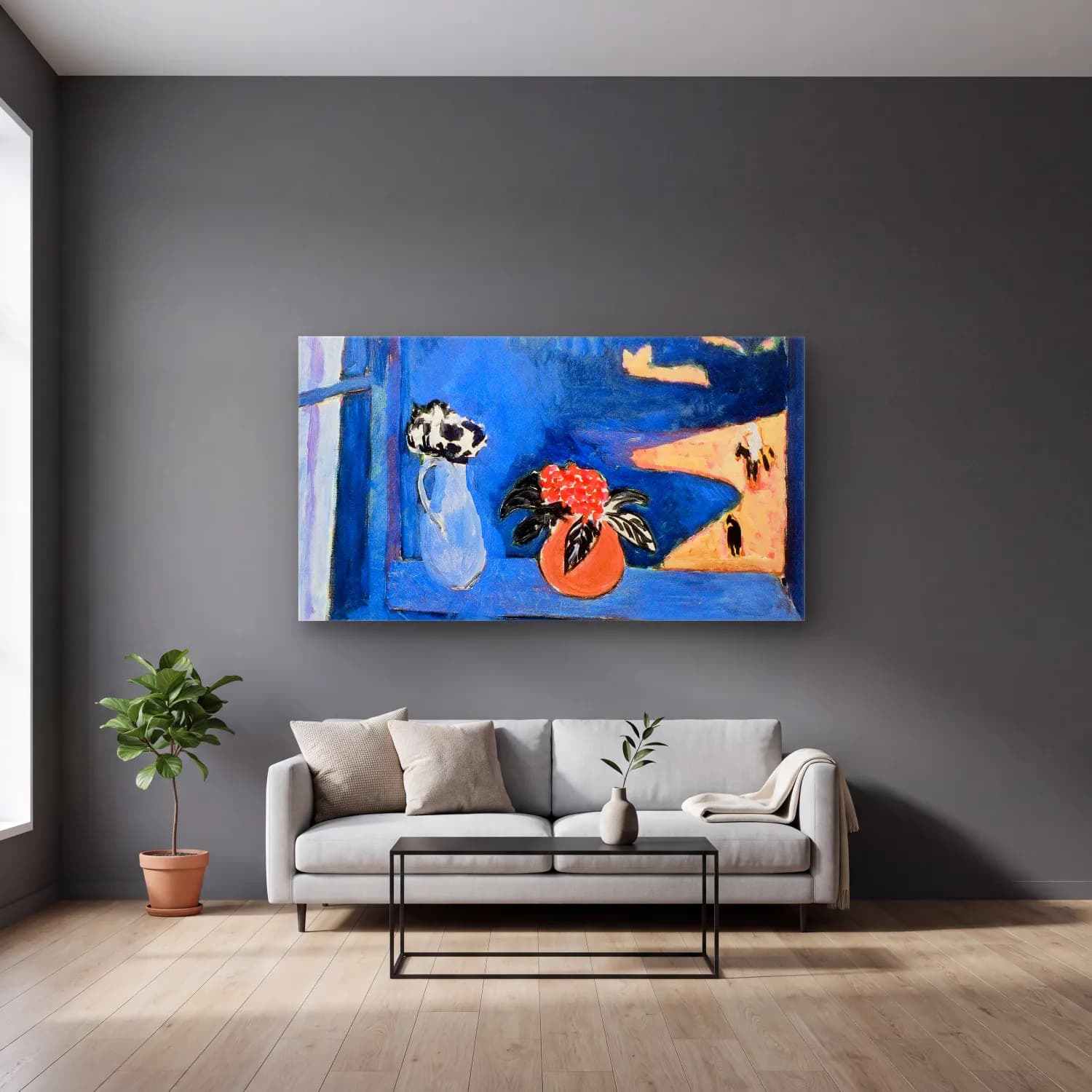 Henri Matisse – The Blue Window cam tablo — gri duvarlı salonda