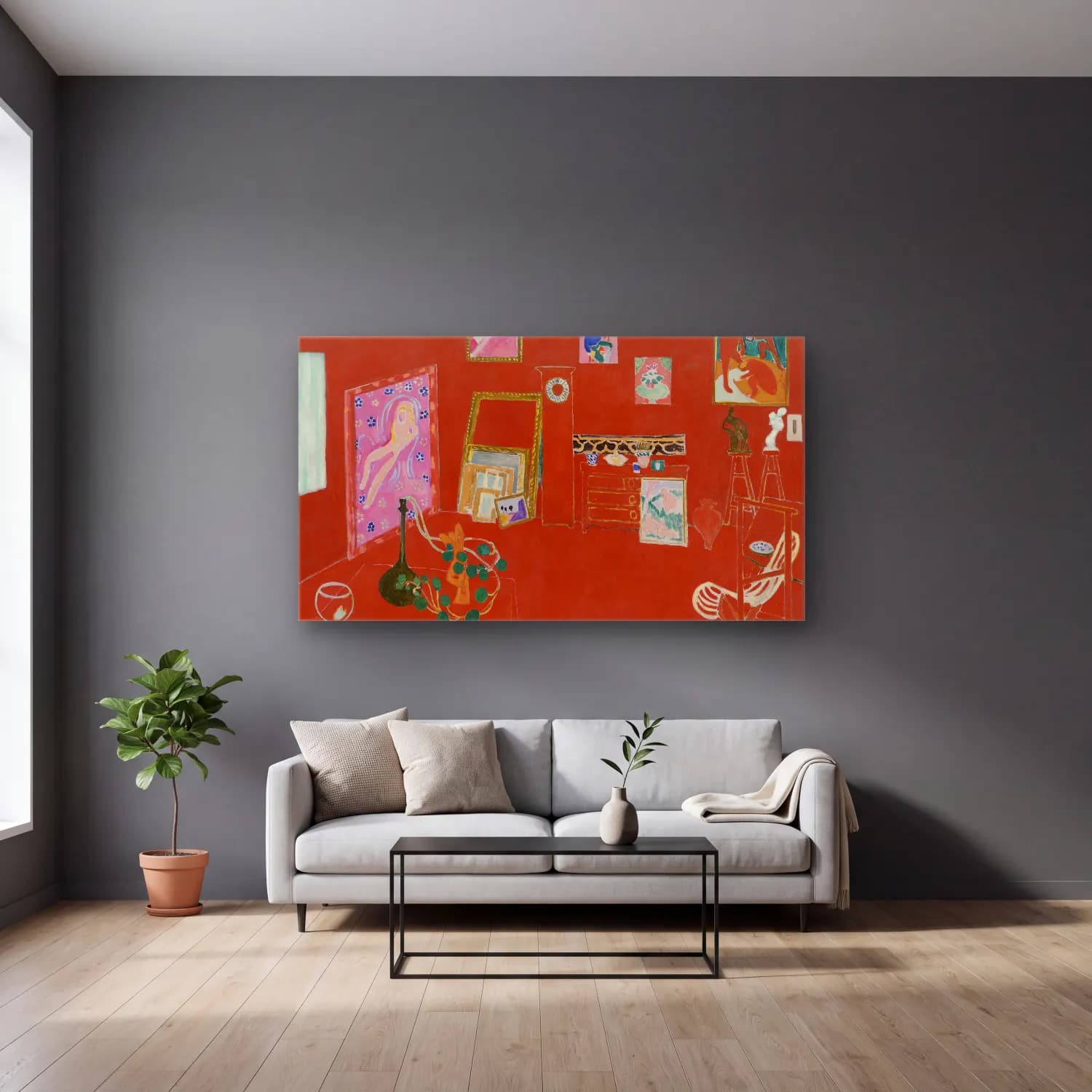 Henri Matisse – The Red Studio cam tablo — gri duvarlı salonda