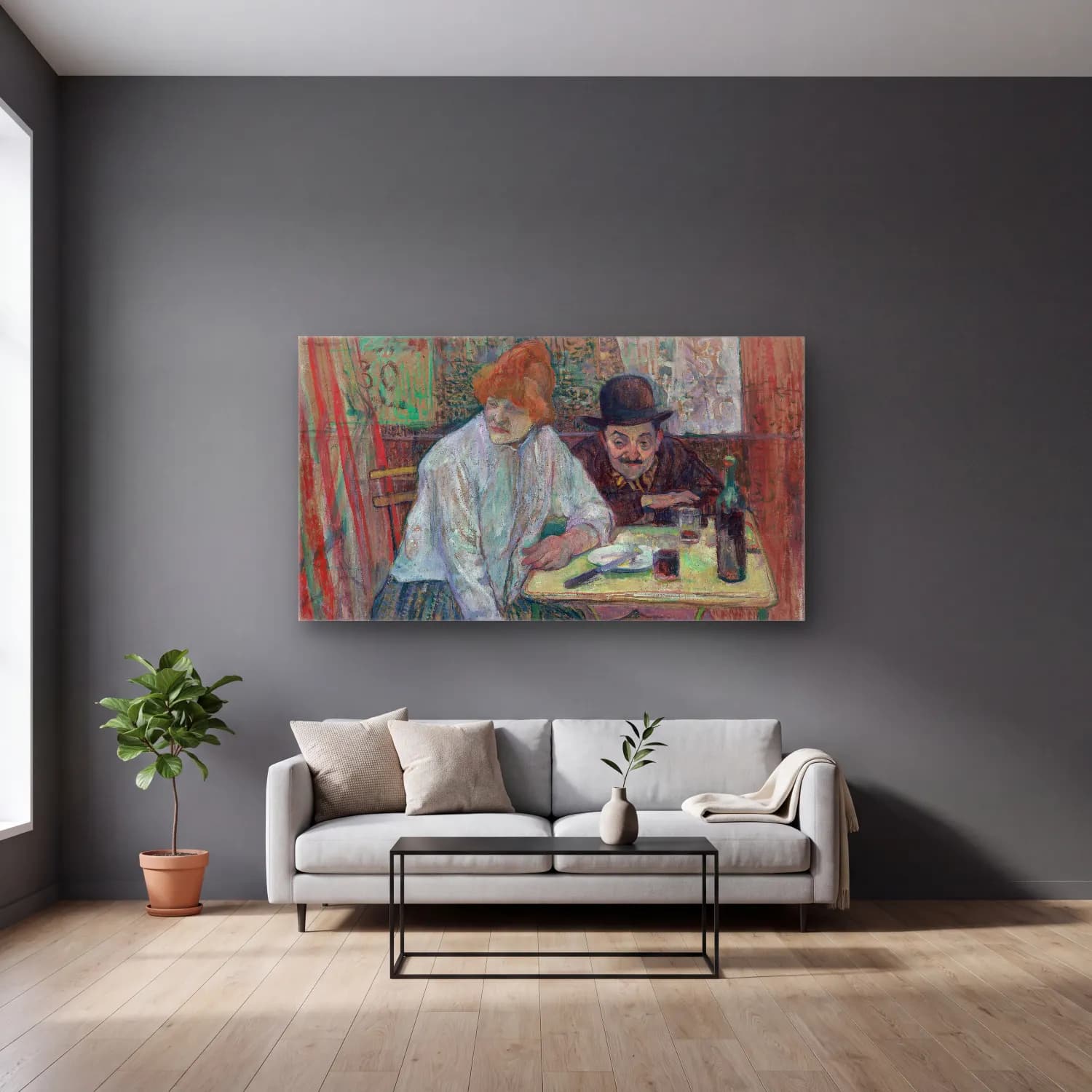 Henri de Toulouse-Lautrec – At the Café La Mie cam tablo — gri duvarlı salonda
