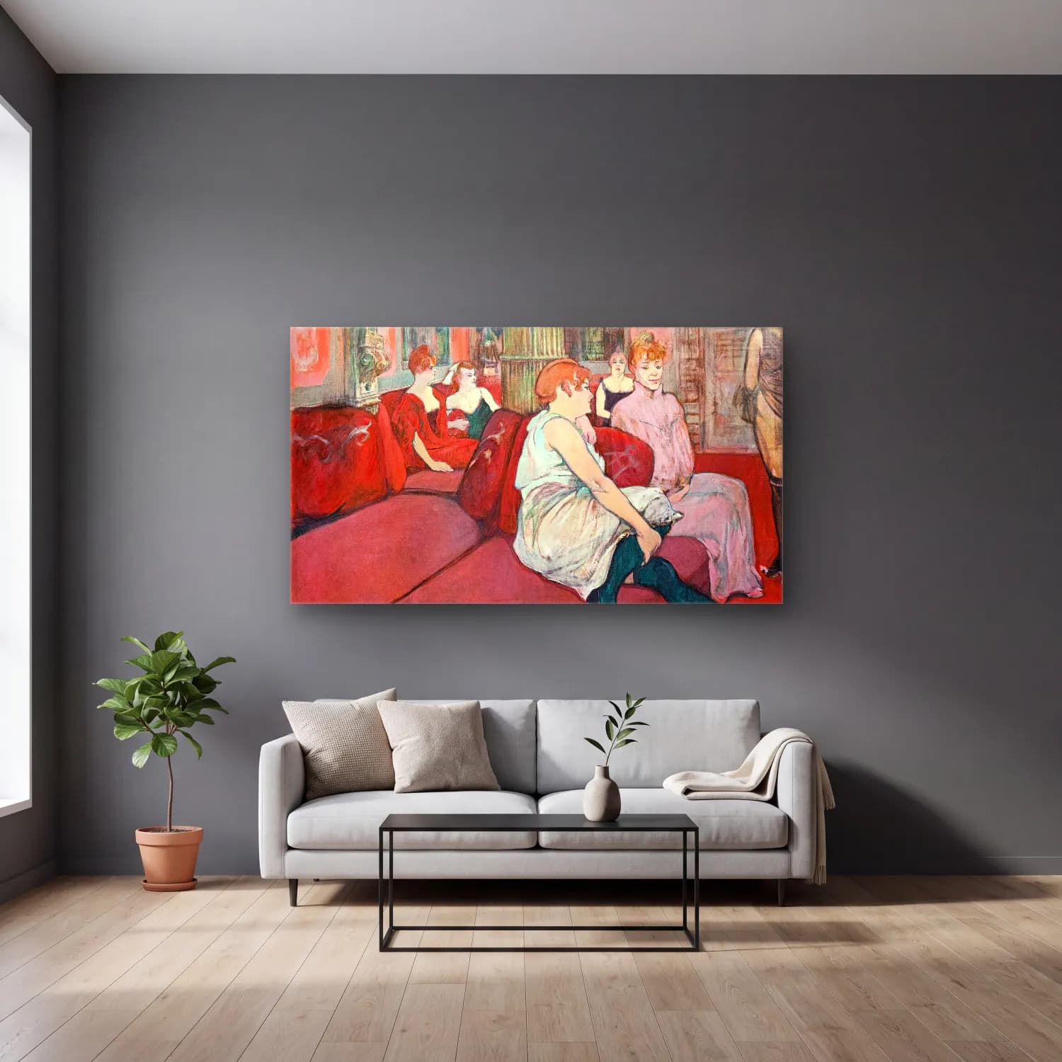 Henri de Toulouse-Lautrec – Au Salon de la rue des Moulins cam tablo — gri duvarlı salonda