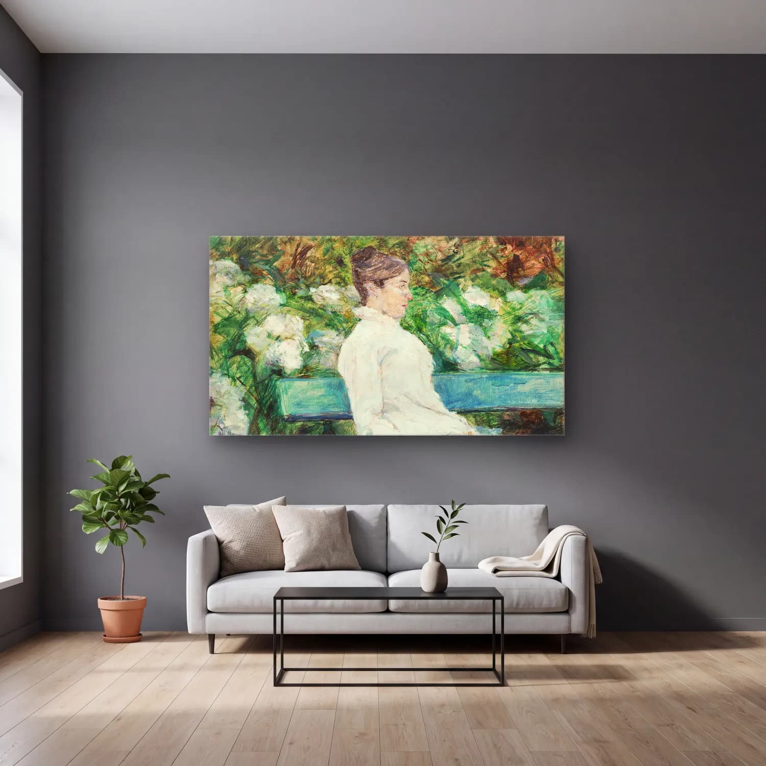 Henri de Toulouse-Lautrec – Countess Adèle de Toulouse-Lautrec in the Garden of Malromé cam tablo — gri duvarlı salonda