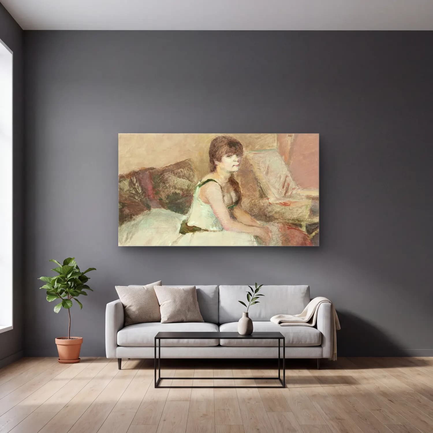 Henri de Toulouse-Lautrec – Dancer Seated on a Pink Divan cam tablo — gri duvarlı salonda