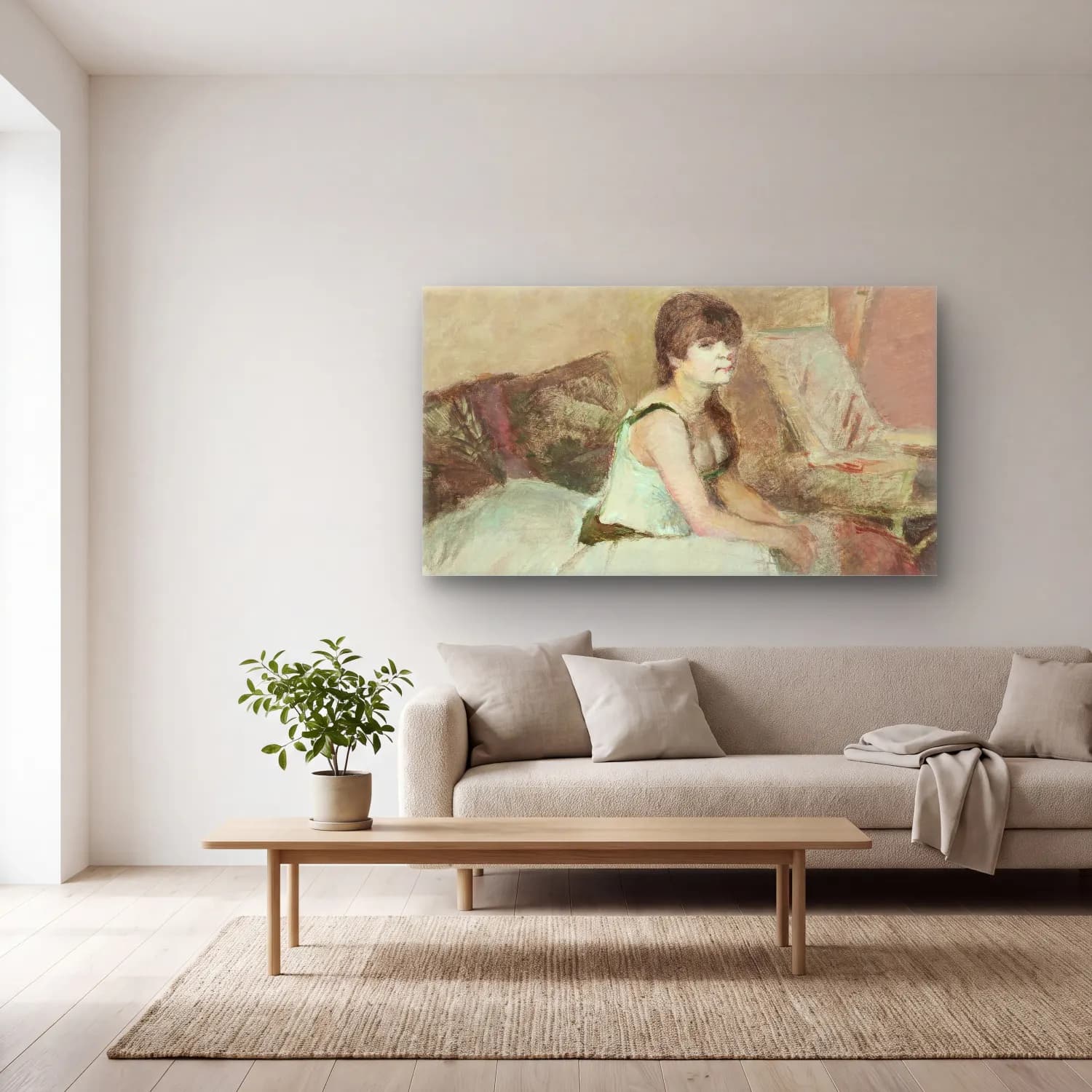 Henri de Toulouse-Lautrec – Dancer Seated on a Pink Divan cam tablo — açık renk salonda