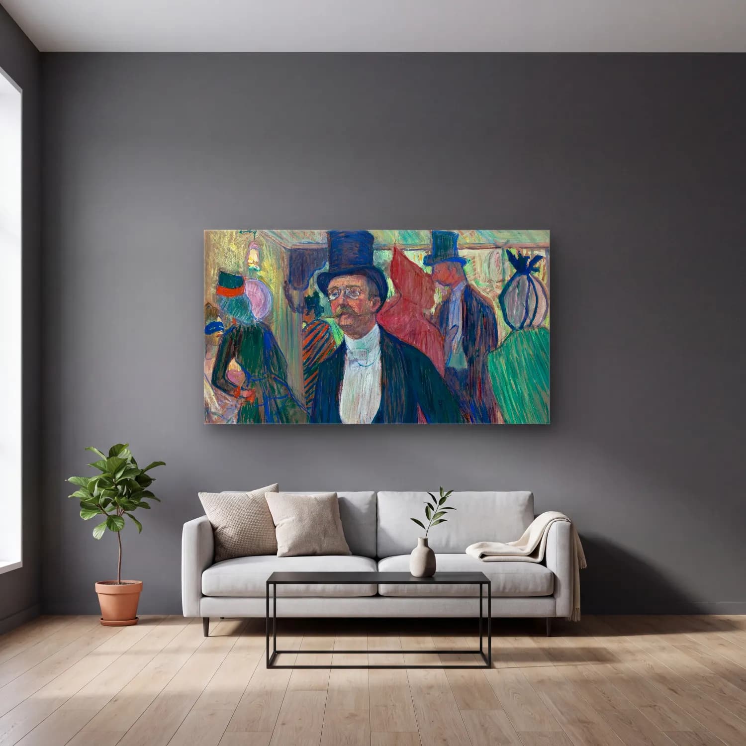 Henri de Toulouse-Lautrec – Monsieur Fourcade cam tablo — gri duvarlı salonda